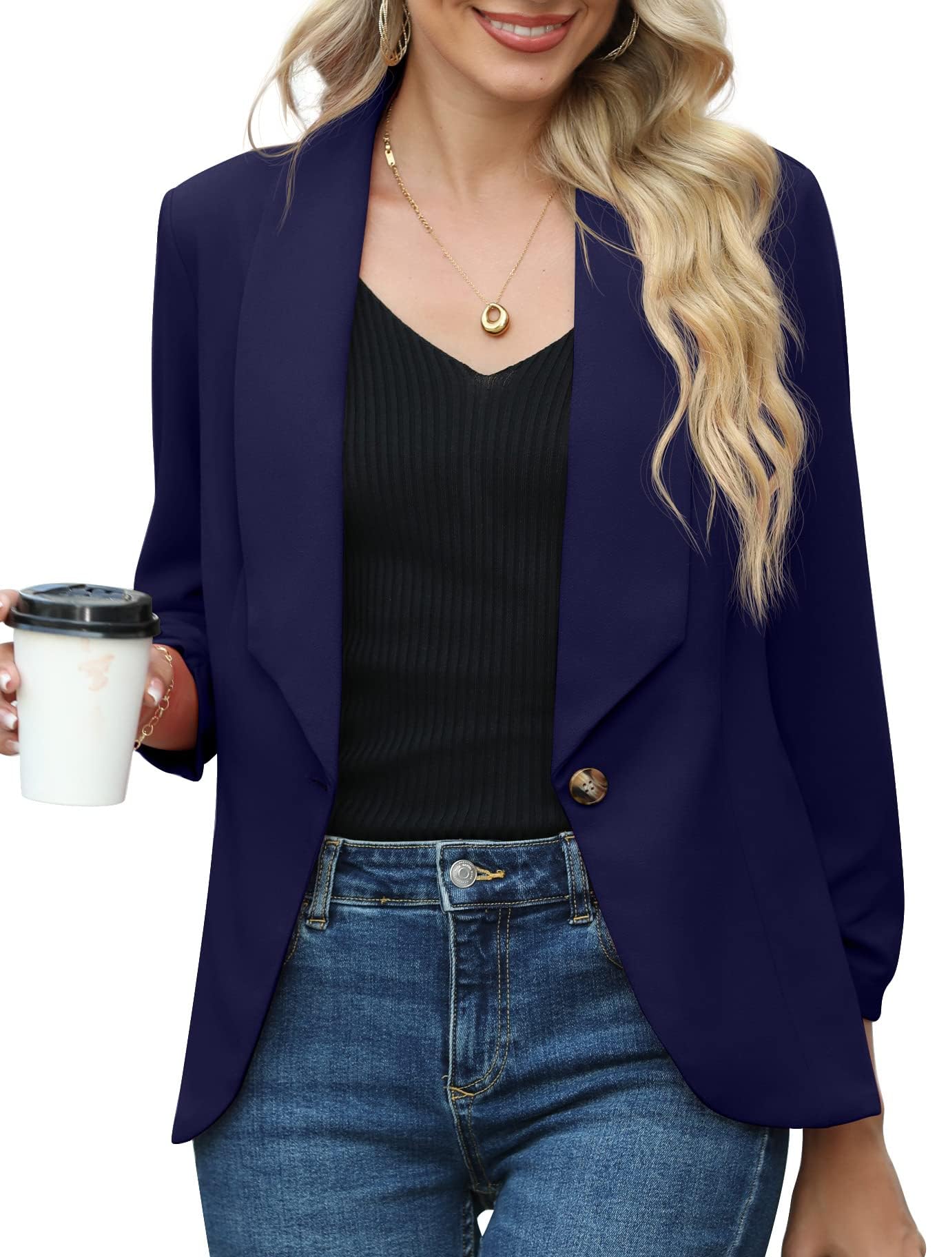 PrinStory Blazer Ouvert sur Le Devant pour Femme - Manches 3/4 froncées - Style décontracté - pour Le Travail et Le Bureau