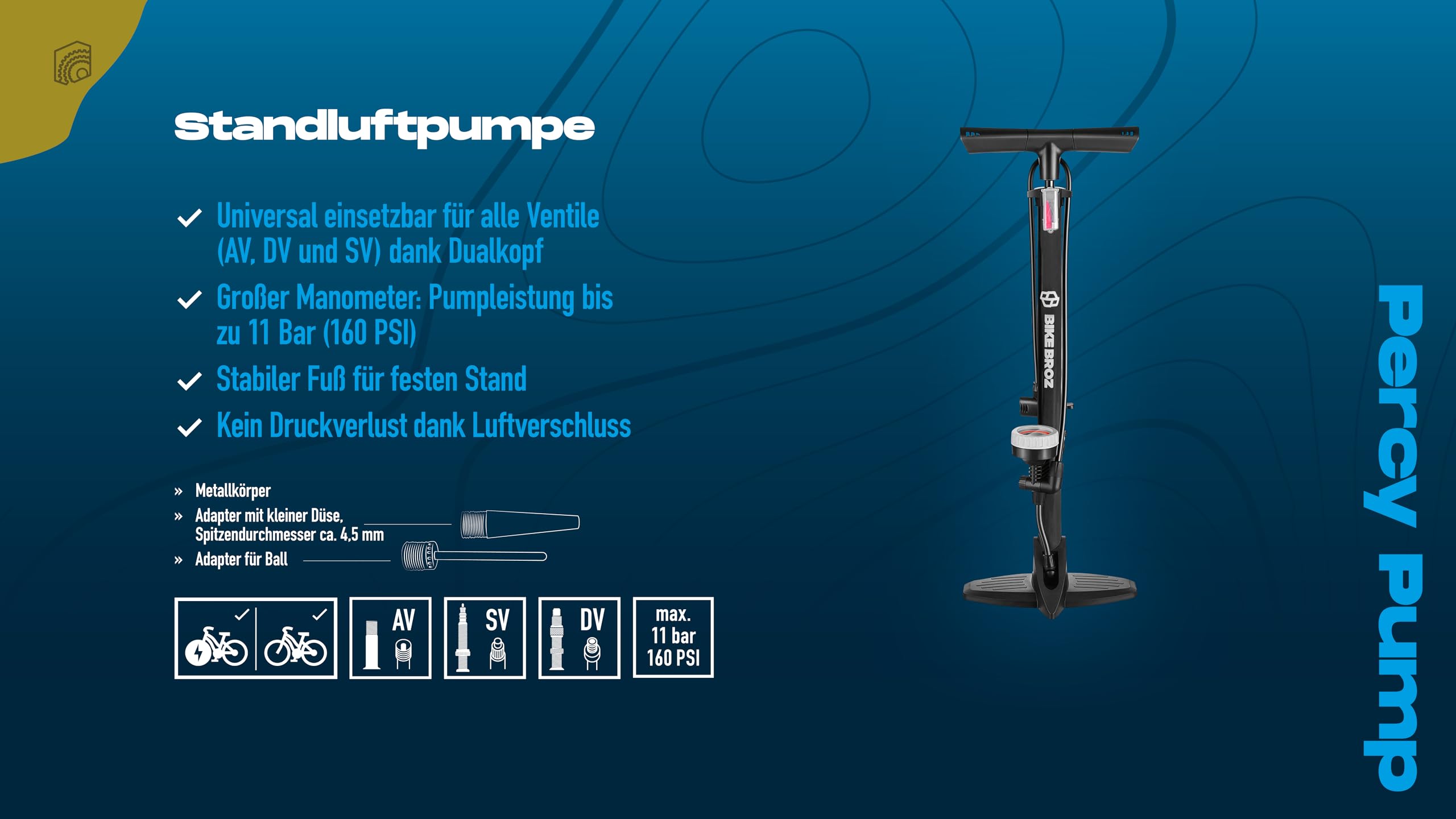 BikeBroz - Bomba de pie para Todas Las válvulas con Diferentes adaptadores, Bomba de Aire Adecuada como Bomba de Bicicleta y Bomba de Bola, Bomba de Aire de pie Percy Pump Accesorios para Bicicleta