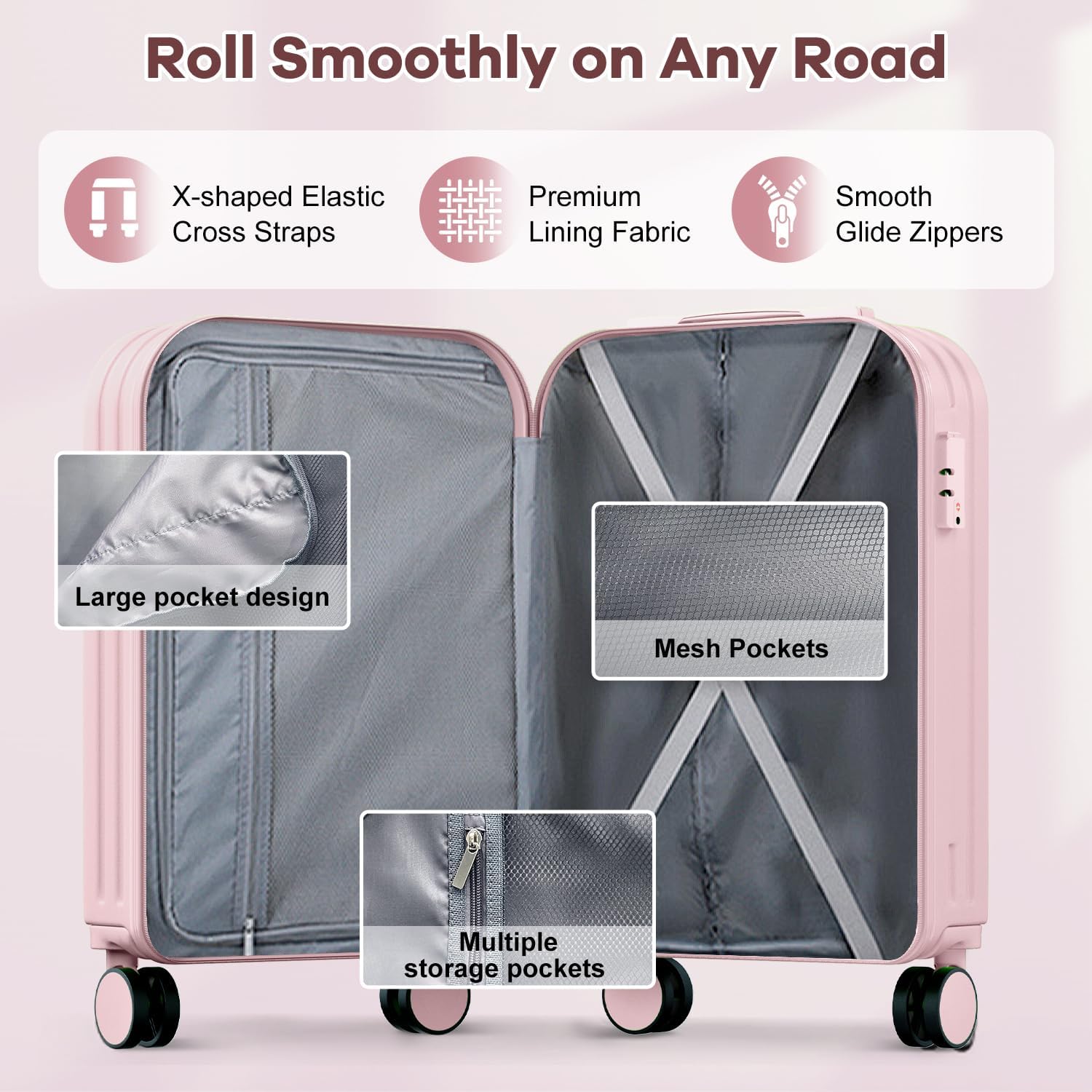 AnyZip Carry On Luggage 22x14x9 Airline Approved TSA Lock Lightweight Suitcase, 20 Inch PC ABS Hard Shell Luggage with Wheels for Women and Kids (Pink)