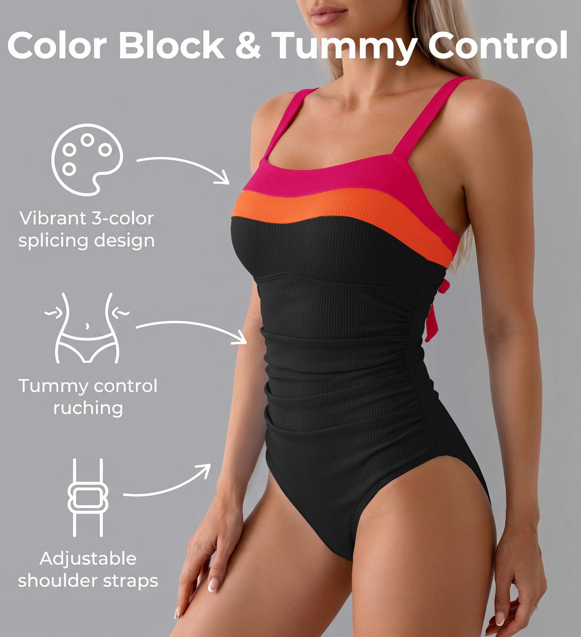 Aidonger Traje de baño acanalado de una pieza para mujer, con bloques de color, control de abdomen, adelgazante, traje de baño de 1 pieza