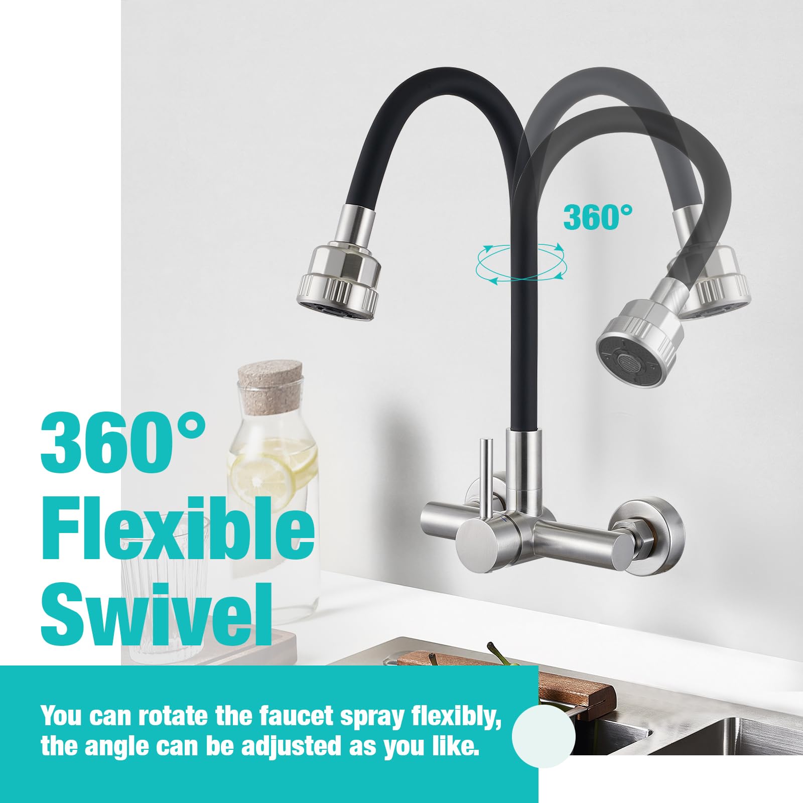 CREA Grifo Cocina Pared Mezclador Monomando Flexible 360° con Pulverizador de Cuatro Función Palanca, Grifo para Fregadero de Cocina con Manguera de Silicona Negra, Acero Inoxidable Cepillado