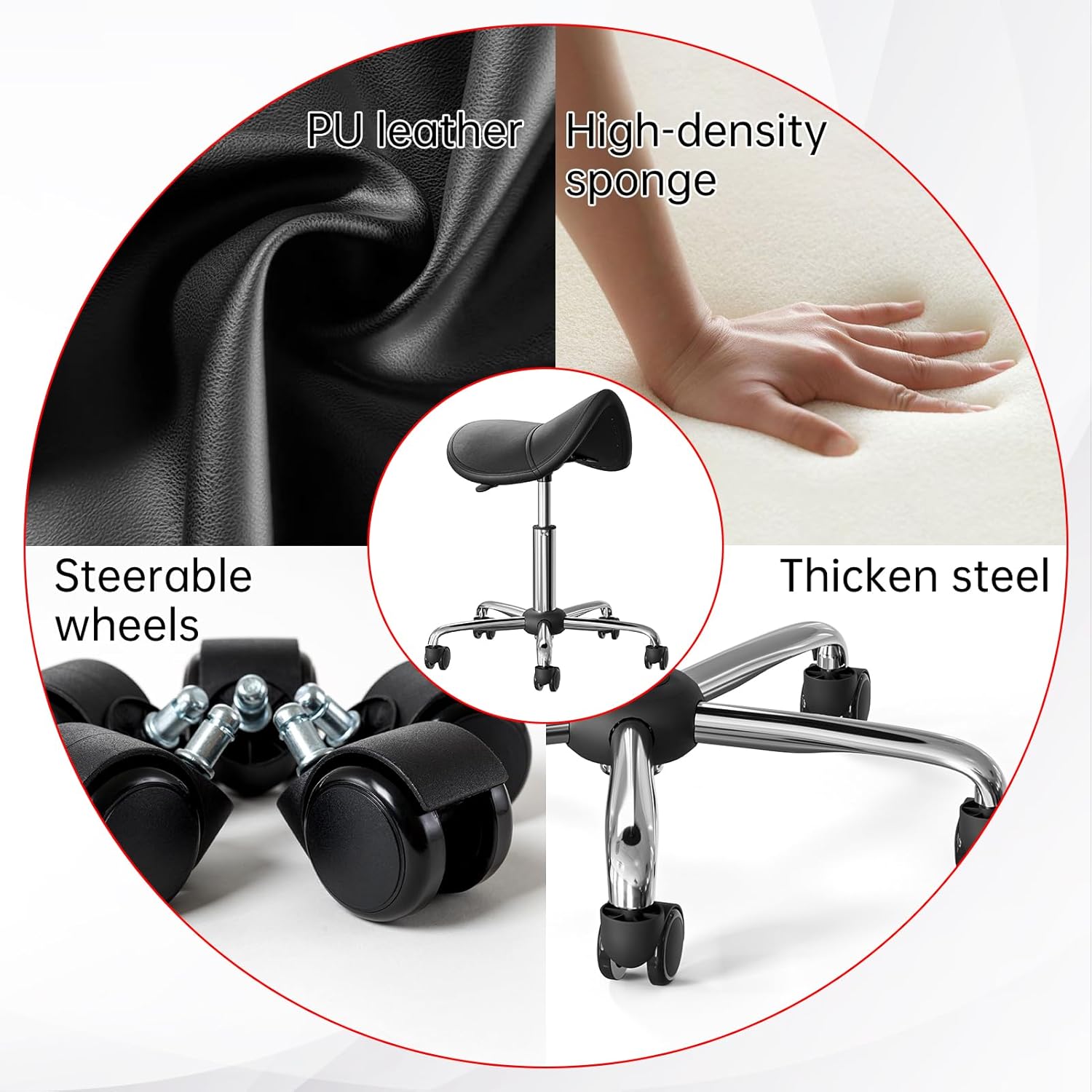 CLORIS Saddle Rolling Stool Hold up to 400 LBS Height Adjustable Swivel Chair Metal Feet with Wheels for Spa, Massage, Salon, Home, Office, Medical, Tatoo, Bar Black