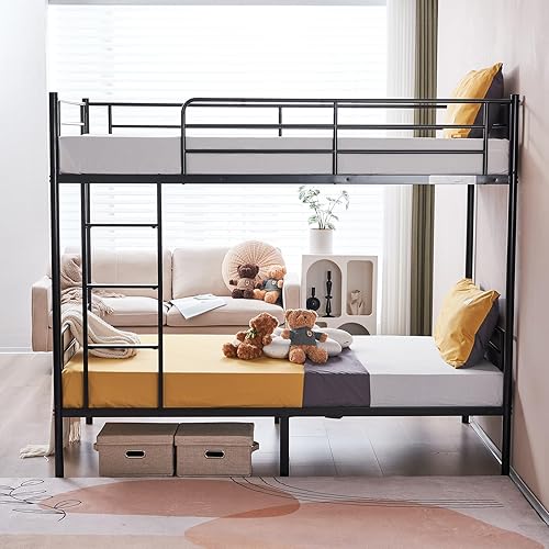 Miniatura 7 de Karl home Litera negra individual sobre individual, litera de metal con escalera integrada y barandilla de seguridad, literas individuales que