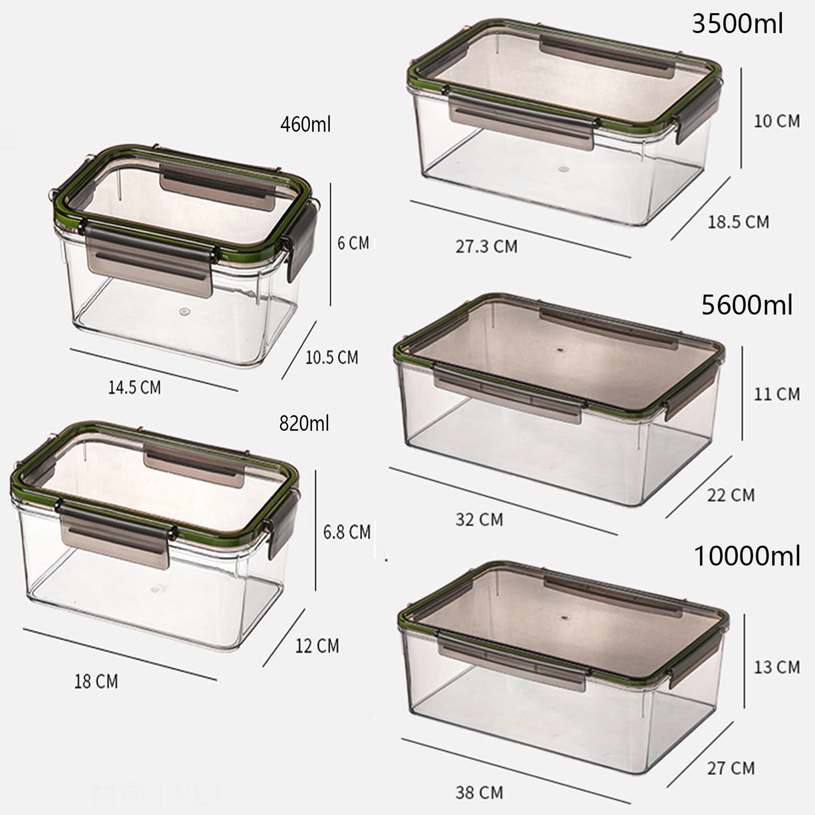 5er-Pack stapelbarer klarer Kühlschrank-Organizer mit Deckel, Kunststoff-Aufbewahrungsbox-Behälter, versiegelter Küchenkühlschrank für Küchenschränke, PantrGröße: 10 l/5,6 l/3,5 l/0,82 l/0,45 l, Far
