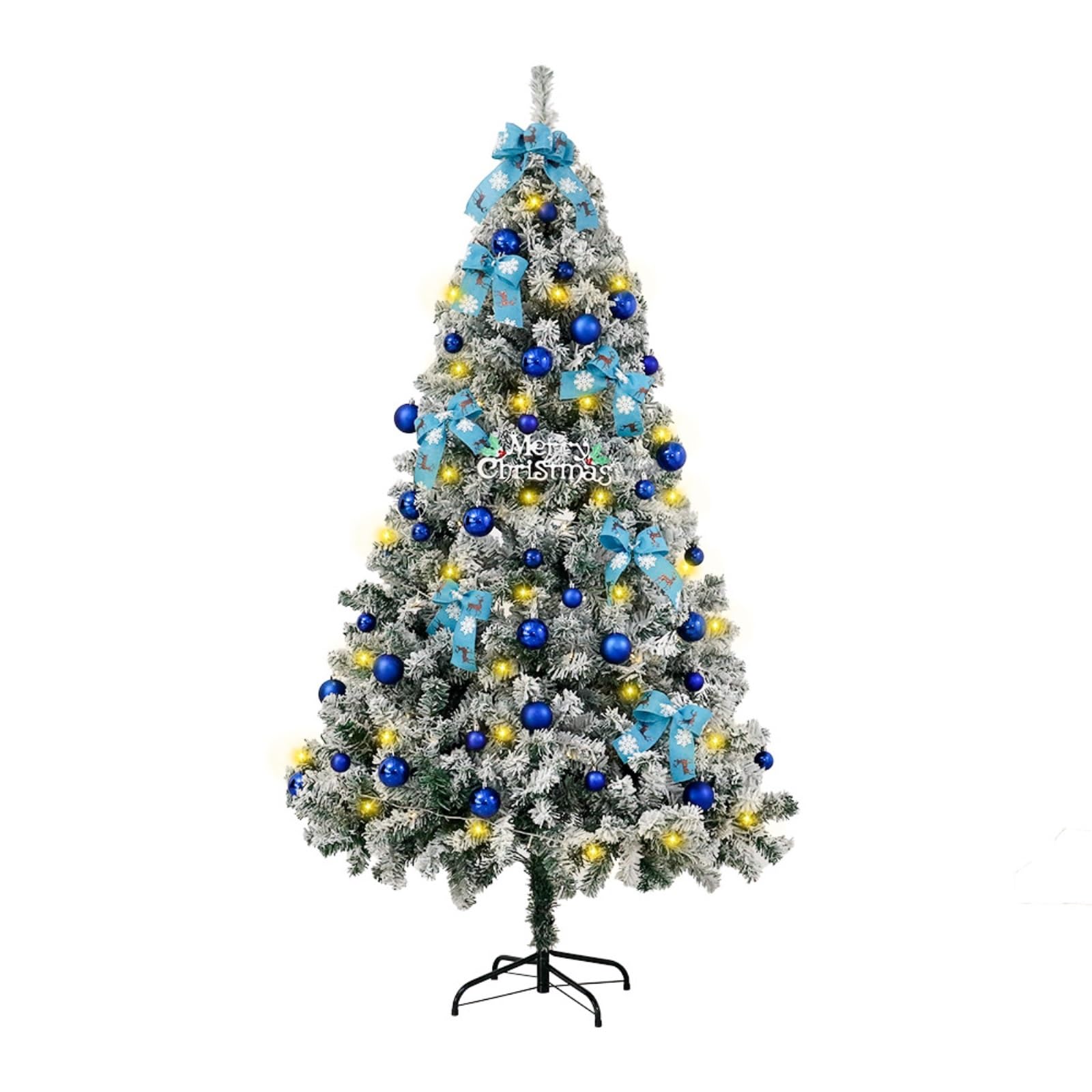 Sapin de Noël Artificiel floqué avec lumières LED et décorations, enneigé réaliste en PVC for la décoration de la Maison Pendant Les fêtes(120cm)