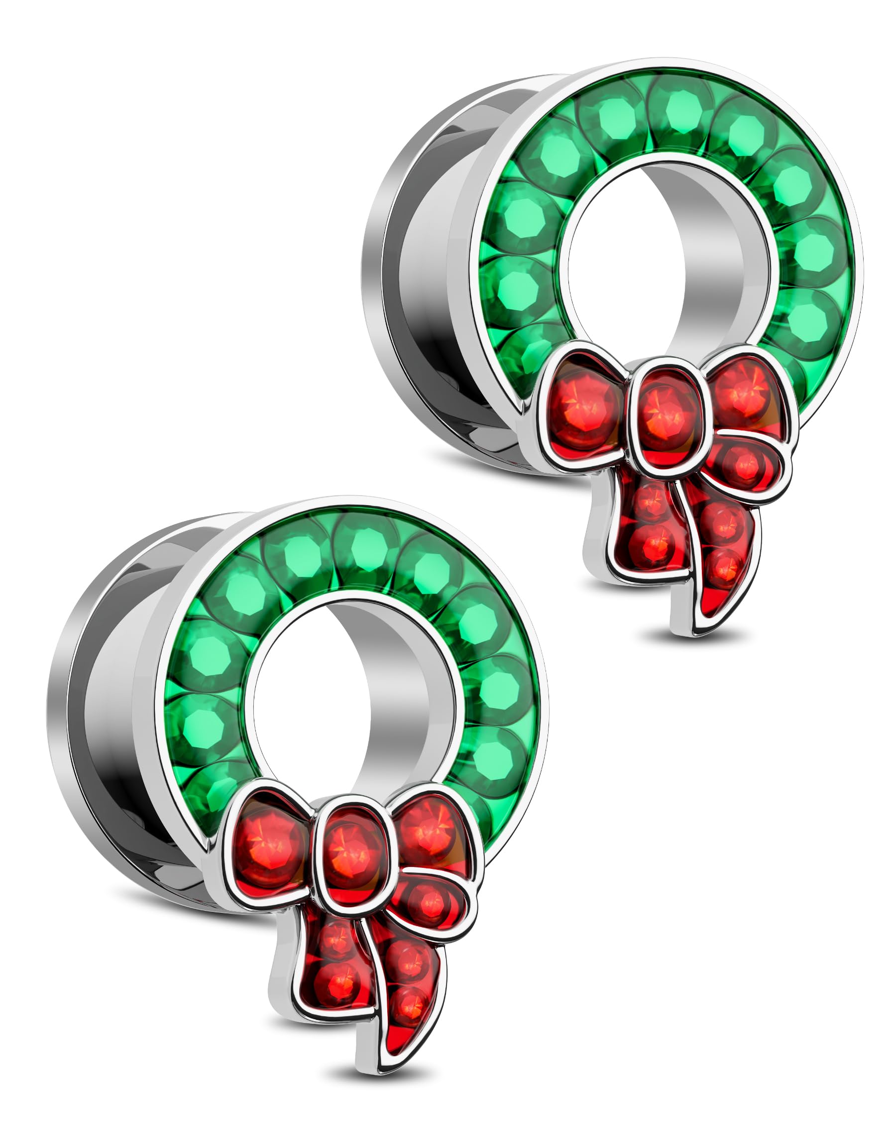 Jewseen Christmas Wreath Ear Gauges 2G-5/8'' Tunnels Surgical Steel Double Flared Stretching Screw Fit Plugs for Women Men