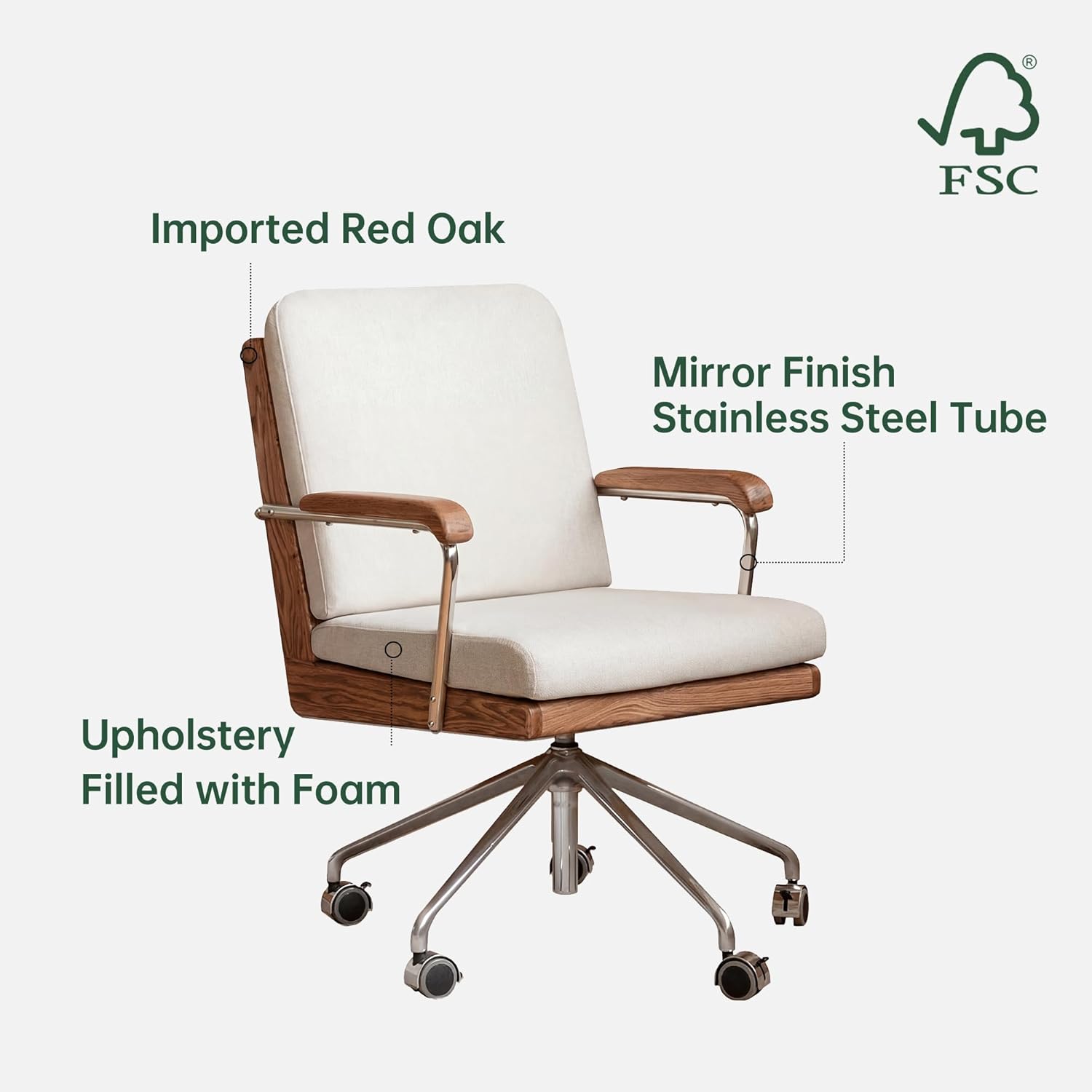 YESWOOD Swivel Office Chair, Ergonomic Desk Chair, Adjustable Solid Wood Desk Chair with Comfortable Cushion for Home Office, Study & Living Room