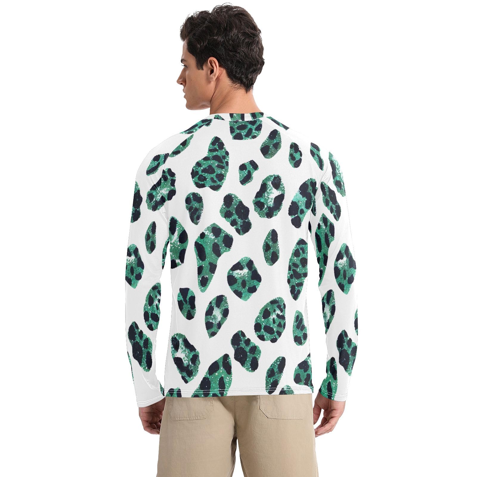 Trendy Green Leopard Men Rash Guard UV Protection UPF 50+ Sun Shirt Quick Dry Long Sleeve Beach T-Shirts, X-Large