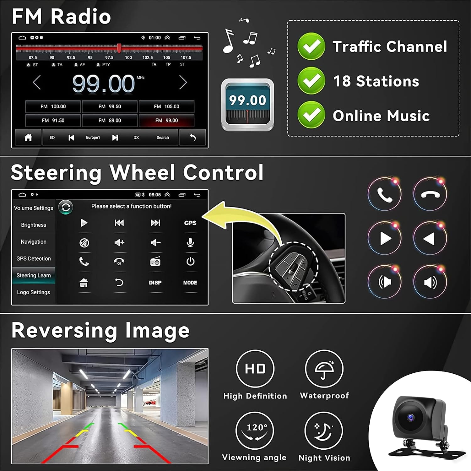 FM Radio, Steering Wheel Control, and Reversing Camera Display