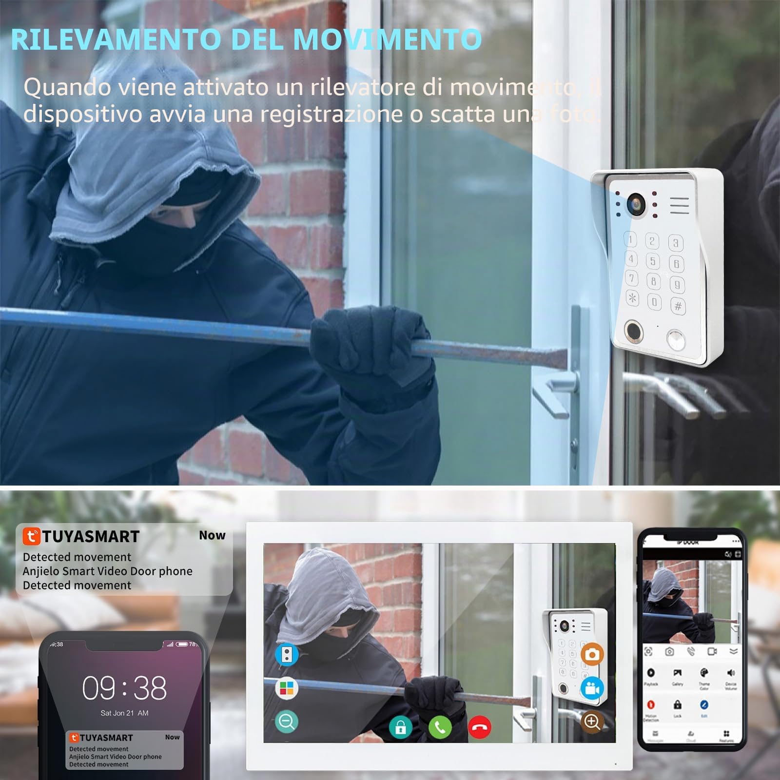 Videocitofono WiFi con videocitofono, 1080p, con monitor touch da 10 pollici, (cablato), supporta impronte digitali, schede RFID e sblocco password
