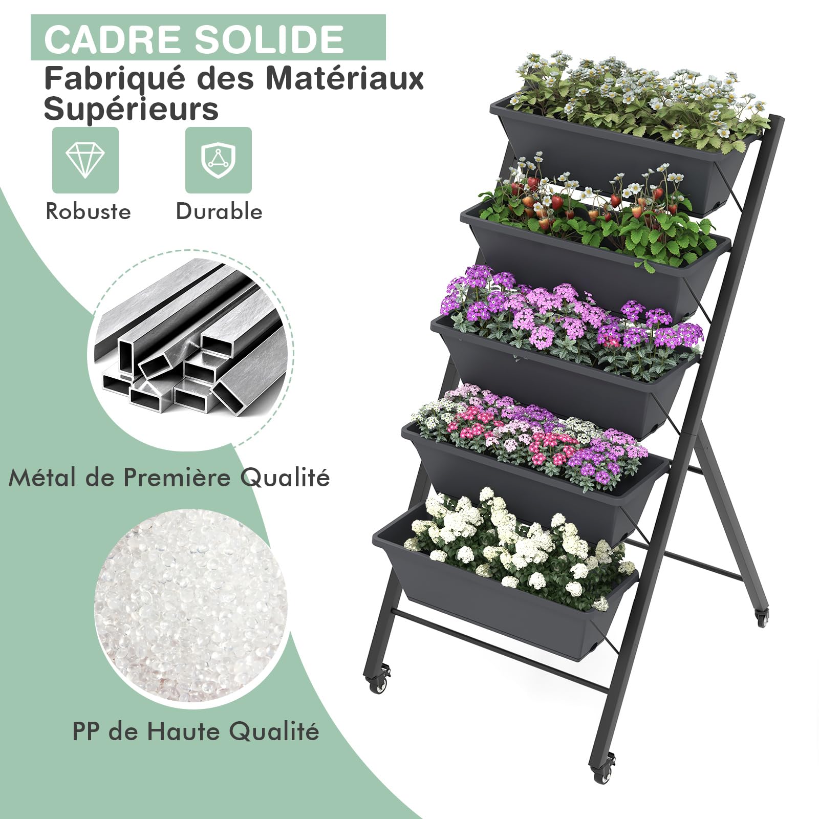 RELAX4LIFE Jardinière Verticale Surélevée avec Roues Verrouillables, Potager sur Pied Urbain à 5 Niveaux en Fer avec Trous de Drainage pour Fleurs Herbes Légumes Terrasse, Balcon (Noir, 50x19x117CM)