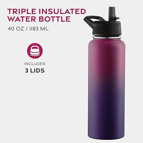 Miniatura 2 de FineDine - Botella de agua de acero inoxidable con tapa de pajilla, tapa abatible, tapa de boca ancha (40 oz), botellas de agua aisladas, mantiene