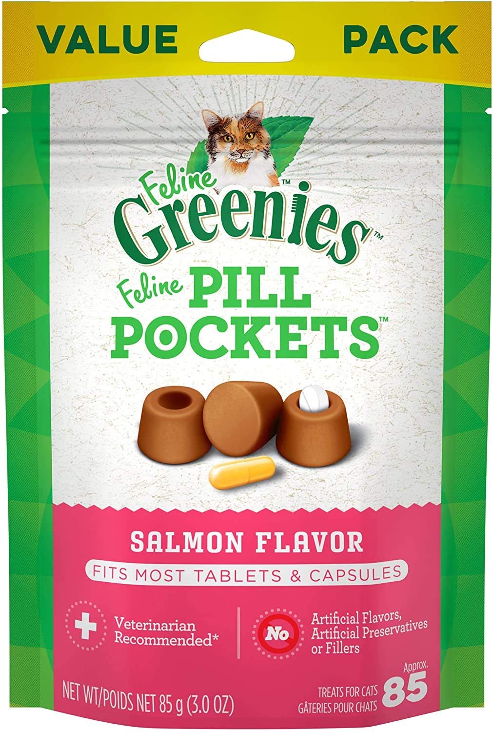 Feline Pill Pockets for Cats Natural Soft Cat Treats, Salmon Flavor, 3 oz. Pouch (85 Treats)
