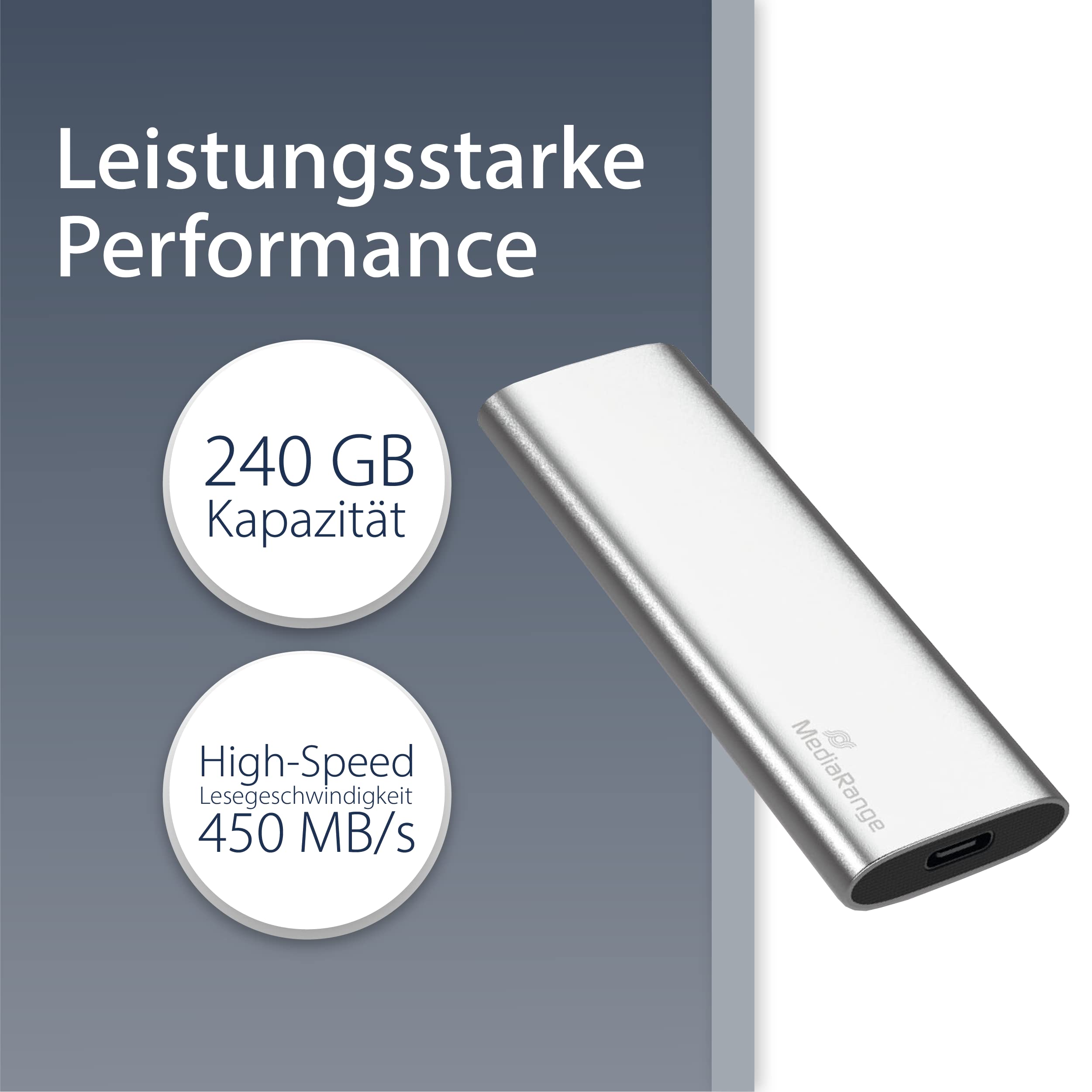 MediaRange Zewnętrzny dysk SSD 240 GB – dysk SSD typu C z technologią Flash 3.2 Gen 2, błyskawicznie szybki transfer danych, odczyt do 450 MB/s, zapis do 420 MB/s