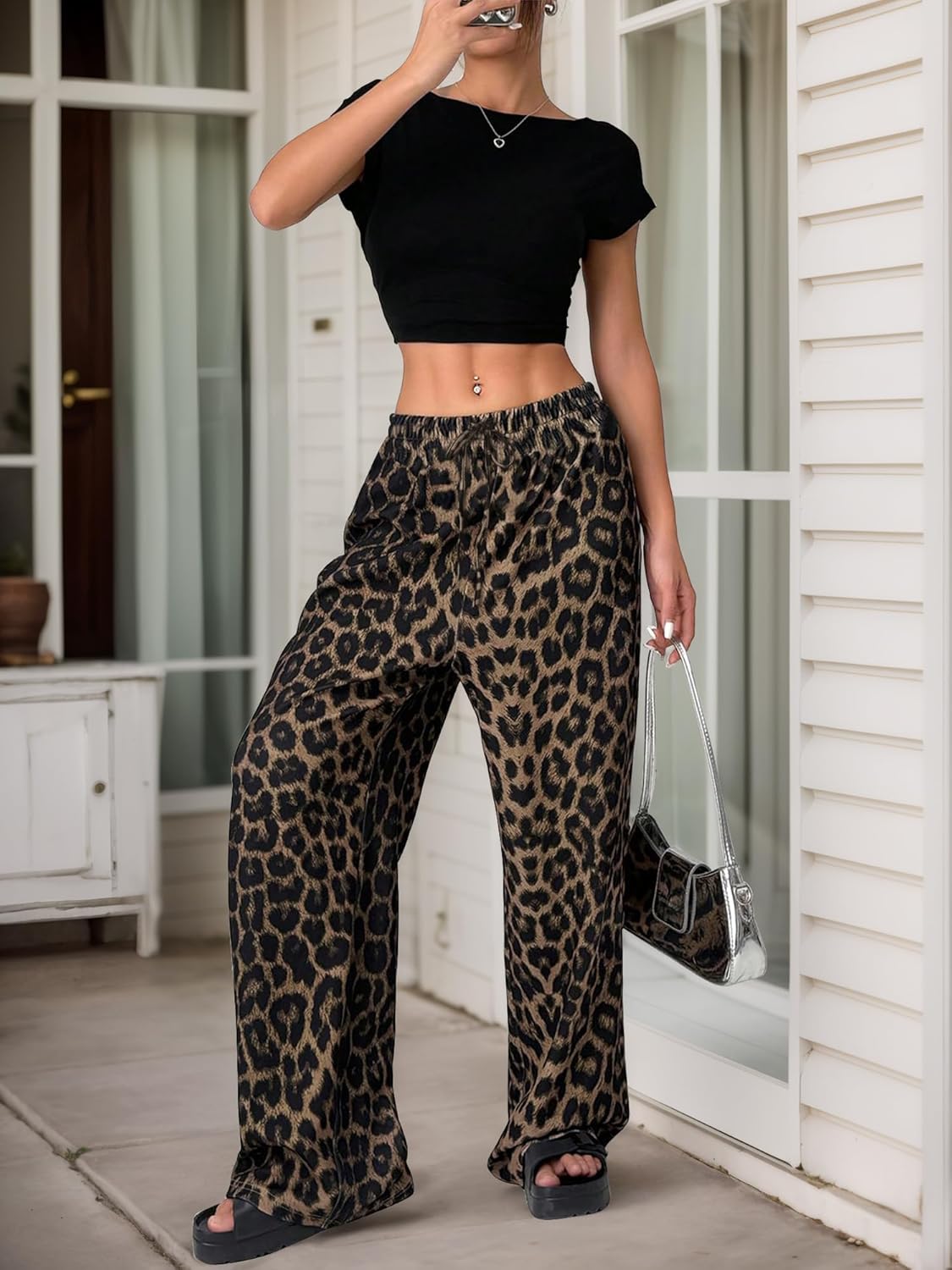 Womens Leopard Print Pants Drawstring Elastic Waist Straight Leg Lounge Pants Y2K Cheetah Pajama Trousers with Pockets - Image 6