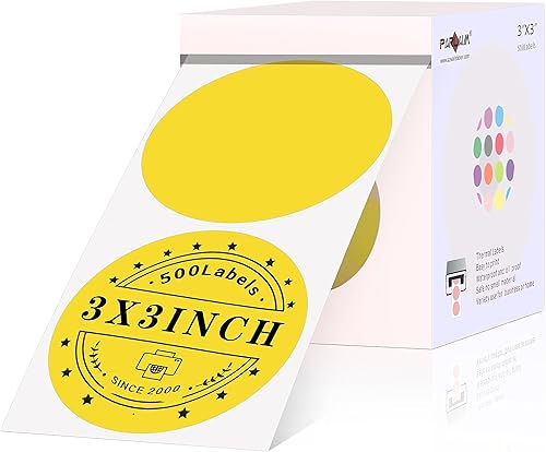 PARLAIM Etiquetas térmicas redondas de 3 pulgadas amarillas, 500 calcomanías térmicas directas circulares compatibles con impresora Rollo y MUNBYN