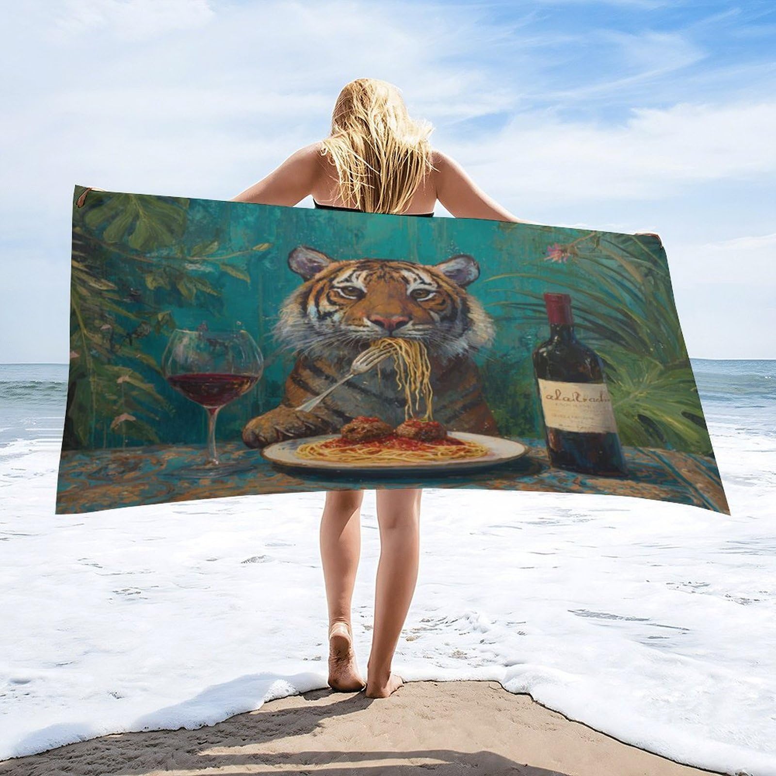 Luyysky Funny Realistic Animal Tiger Quick-Drying Beach Towel, Modern Art Tropical Plant Flowers Palm Leaves Italian Food Travel Vacation Single Sided Pile Bathroom Towels-80 W Cm X 160" L Cm