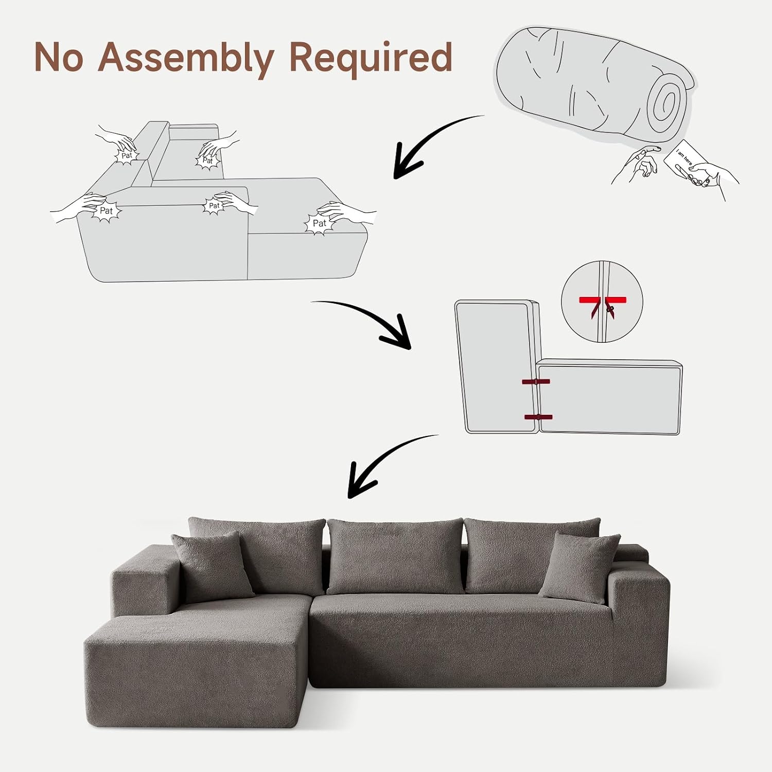 103” L Shaped Cloud Sectional Boneless Couches for Living Room, Modern Modular Sofa Couch with Chaise, Comfy Deep Seat Living Room Furniture Set, No Assembly, Grey