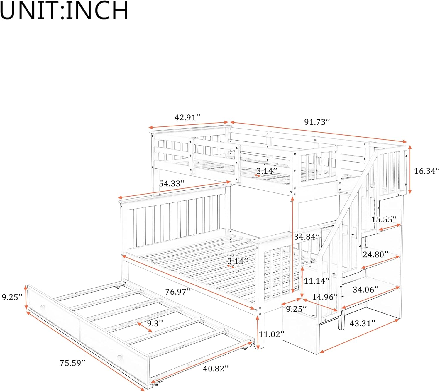 SOFTSEA Twin Over Full Wood Bunk Bed with Trundle and Stairs for Kids, Convertible to 2 Beds, No Box Spring Needed