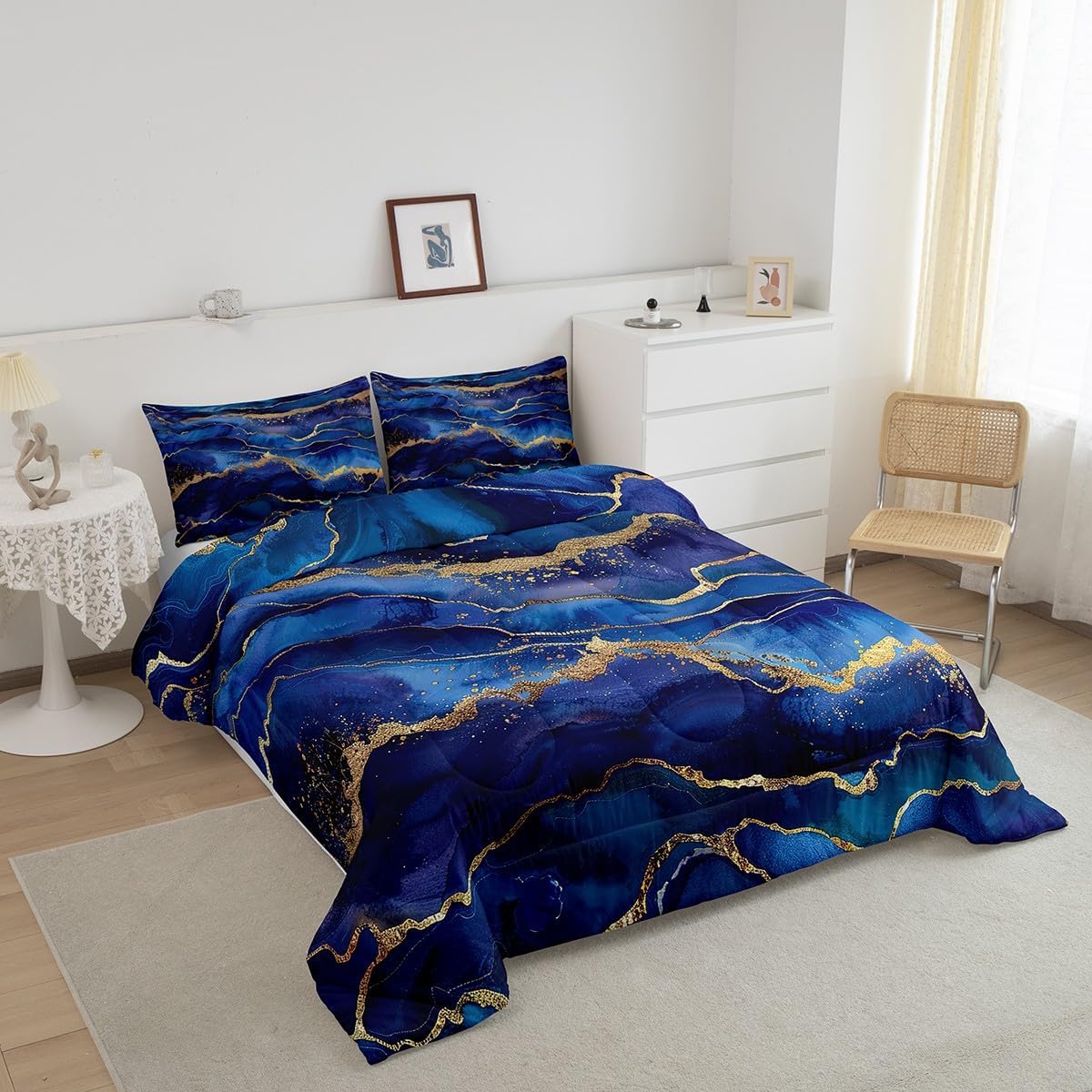 Gold Glitter Marbling Comforter Set - Marble Decor Duvet Insert - Bronzing Fluid Watercolor Blue Bedding Comforter Sets - 2 Pillow Cases