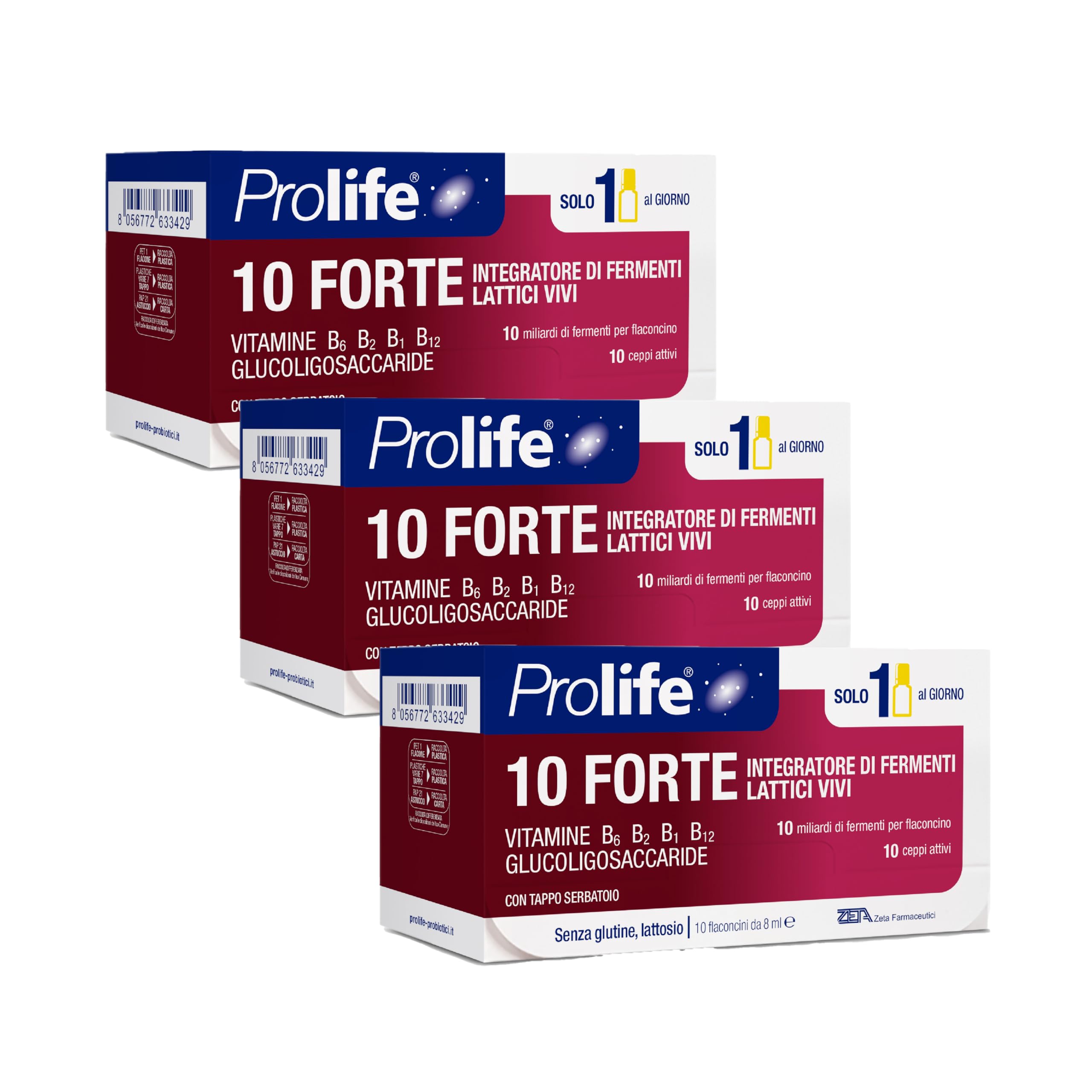 Prolife - 10 Forte, Integratore con 10 Miliardi di Probiotici per Flaconcino, 3 Pack da 10 Flaconcini da 8 ml, Ricco di Fermenti Lattici e Vitamine del Gruppo B
