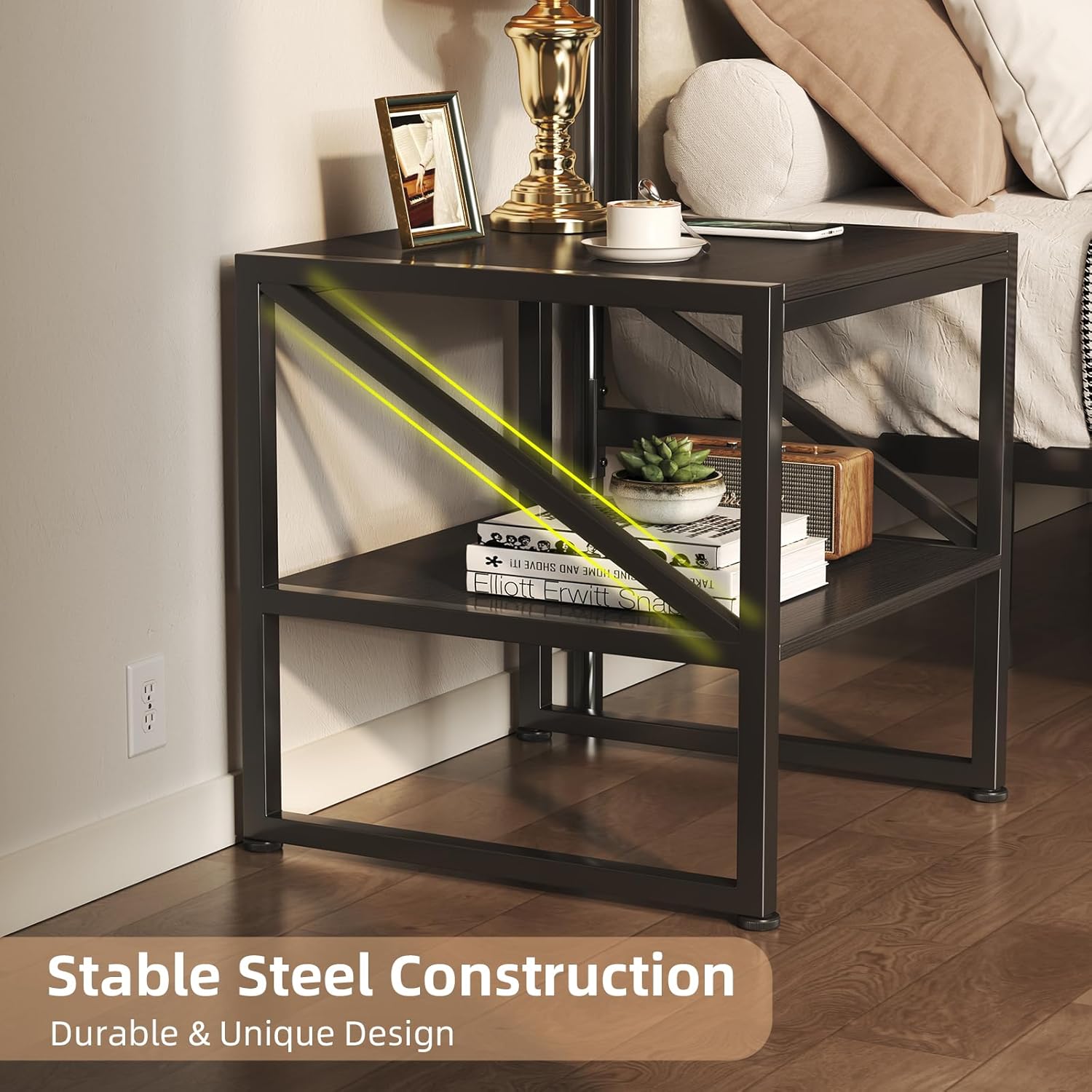 Mexin 20 Inch Square End Table, Mini Fridge Stand with 2-Tier Storage Shelf, High Load Capacity Side Table for Living Room Bedroom, Black