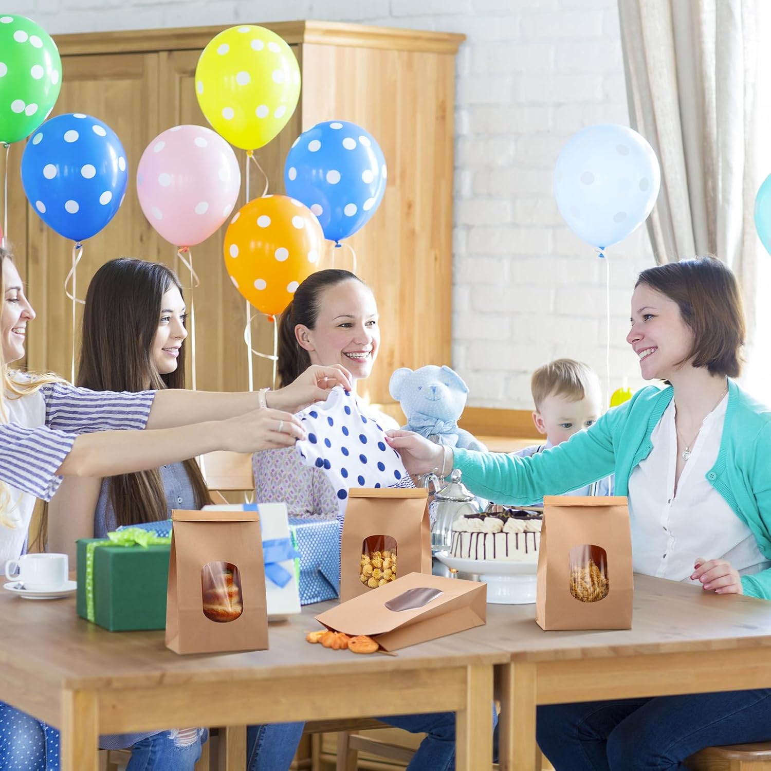 Qilery 250 Pcs Large Bakery Bag with Window, 9.5 x 6 x 2.8'' Brown Paper Bags Bulk with Tin Tie Lock Closure 16 oz for Treat Snack Popcorn Coffee Bean, Party Favor Packaging, Small Business