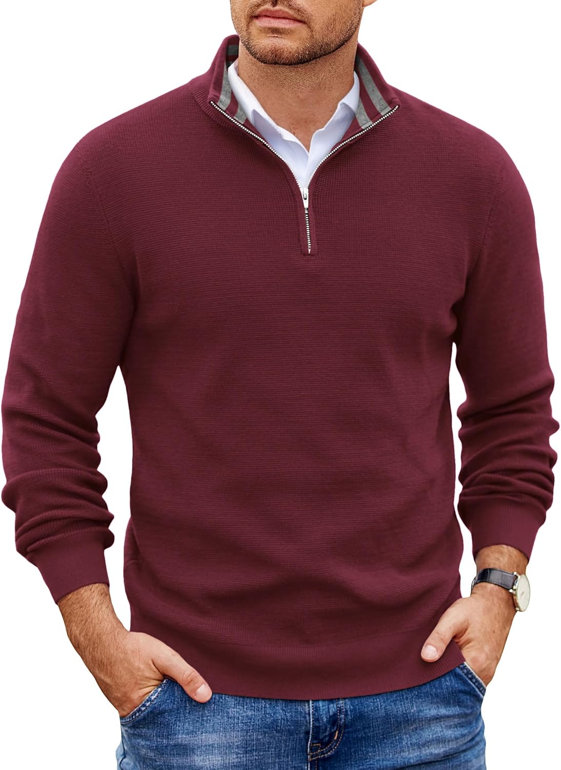COOFANDY Mens Quarter Zip Pullover Slim Fit Lightweight Sweater Casual Mock Neck Knit Polo Sweater