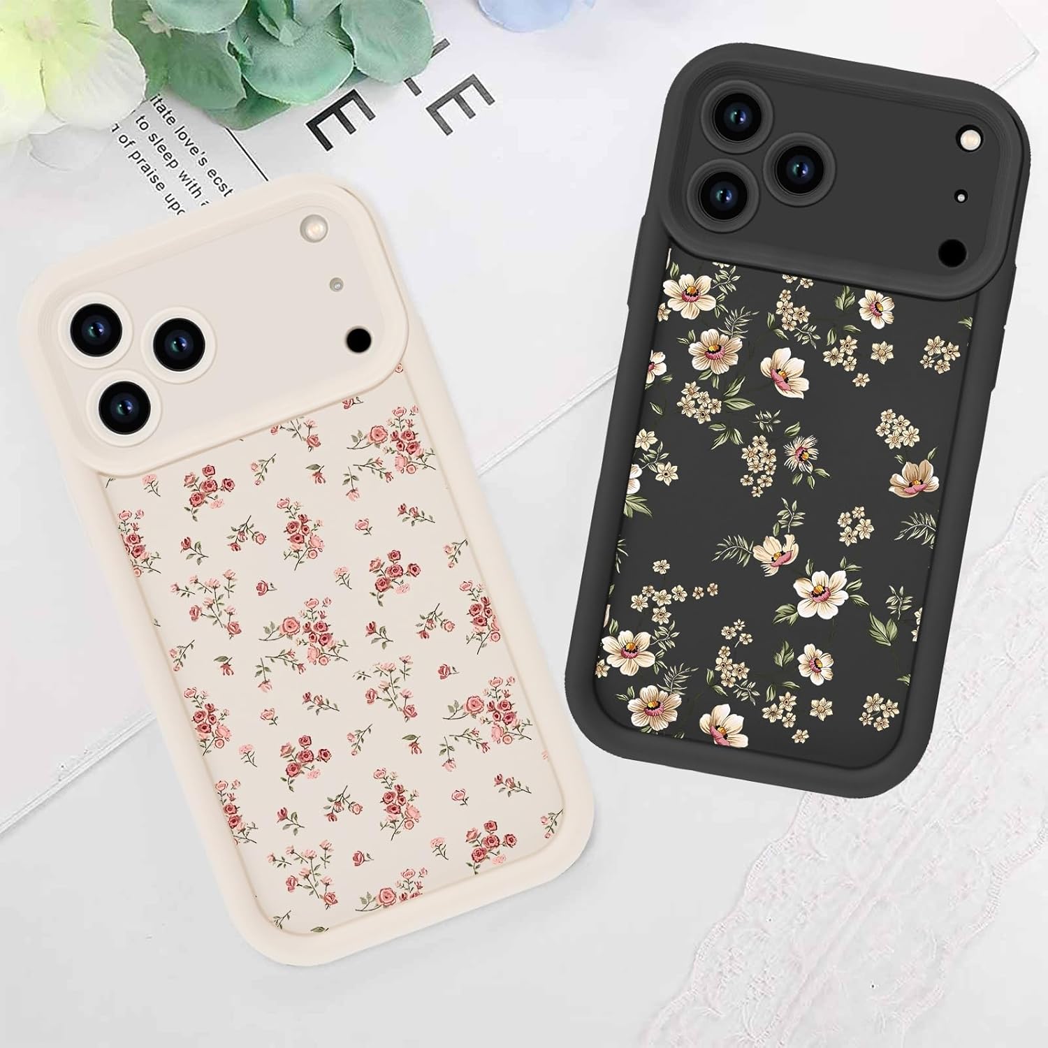 2 Pack Flower Phone Case for iPhone 17 Pro Max 6.9",Cute Floral Print Cases Unique Plant Design Pattern for Women Girls Teens,Soft TPU Protective Cover for iPhone 17 Pro Max 6.9",Beige Black - Image 7