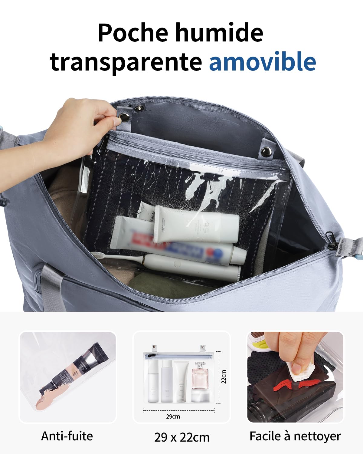 ECOHUB Sac de Voyage Femme, Bagages Cabine 45x36x20 Easyjet, Sac Voyage Cabine avec Amovible Poche Humide, Sac Avion Weekend, Bagage à Main Valise Léger Imperméable, d'Hôpital, Week-End, Gris-bleu,30L