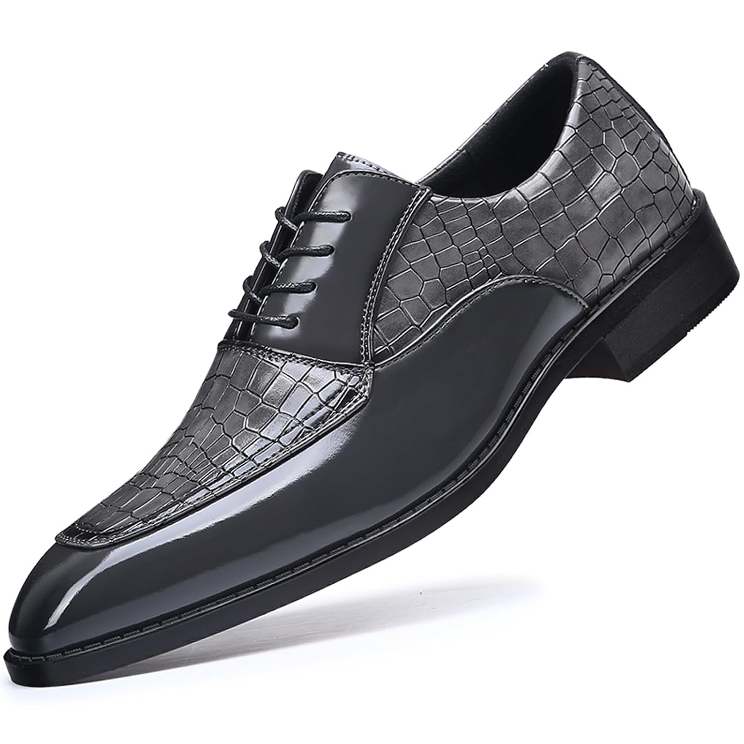 Mens Retro Leather Print Plain Toe Business Oxfords Fashion Lace Up Pointed Toe Slip On Derby Formal Dress