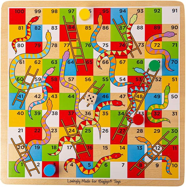 Bigjigs Toys Traditional Snakes and Ladders Game - Quality Snake and Ladders Family Games for Kids and Adults , Up to 4 Players , Board Game Includes Counters & Dice