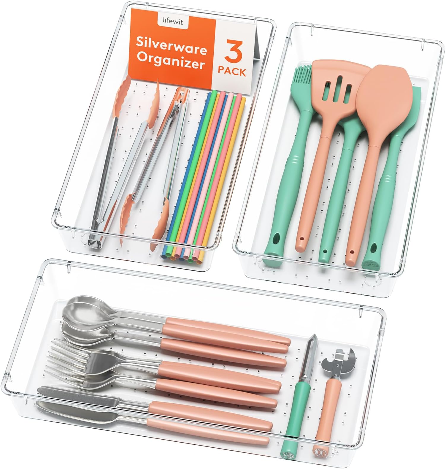 Lifewit Cutlery Drawer Organiser, 3-pack Clear Utensil Tray for Kitchen Drawer, Stackable Plastic Flatware and Silverware Storage Insert Box Divider for Spoons Forks Knives Tools, 14.6 x 29.6 CM