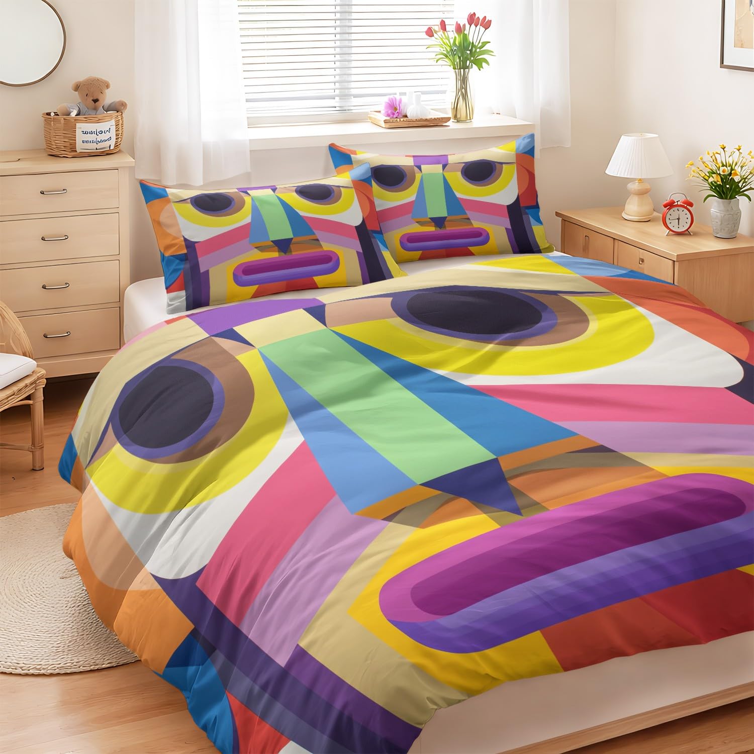 3-częściowy komplet pościeli z abstrakcyjnym portretem, 200 x 200 cm, geometryczny, patchwork, twarz, miękka pościel z mikrofibry, dwustronna pościel z 2 poszewkami na poduszki, wielokolorowa