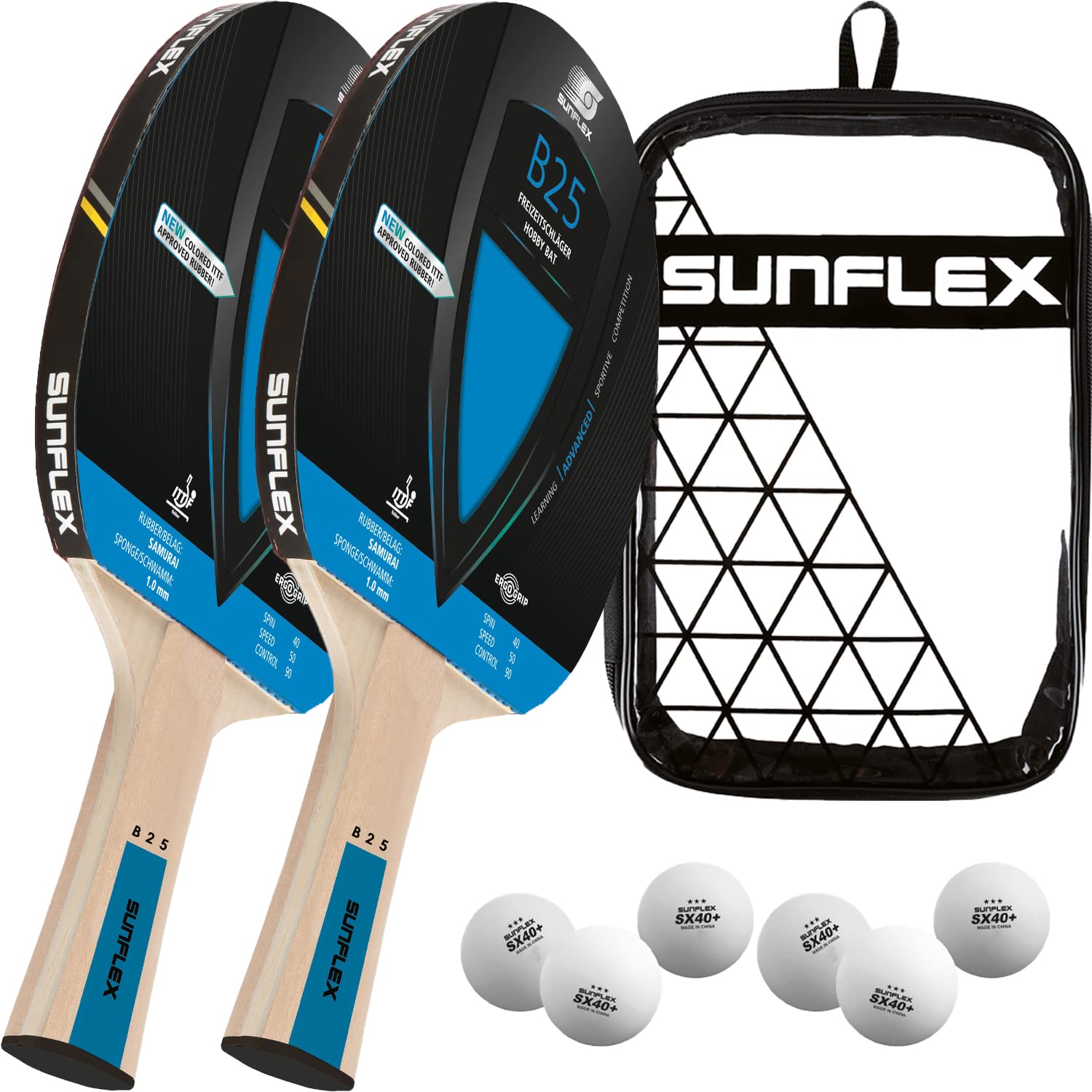 Sunflex® Color COMP B25 Tischtennisschläger | Tischtennis Racket Bat TT Hobby Freizeitschläger mit konkavem Griff | ITTF zertifizierter Blauer Belag | für Anfänger | leichtes Gewicht