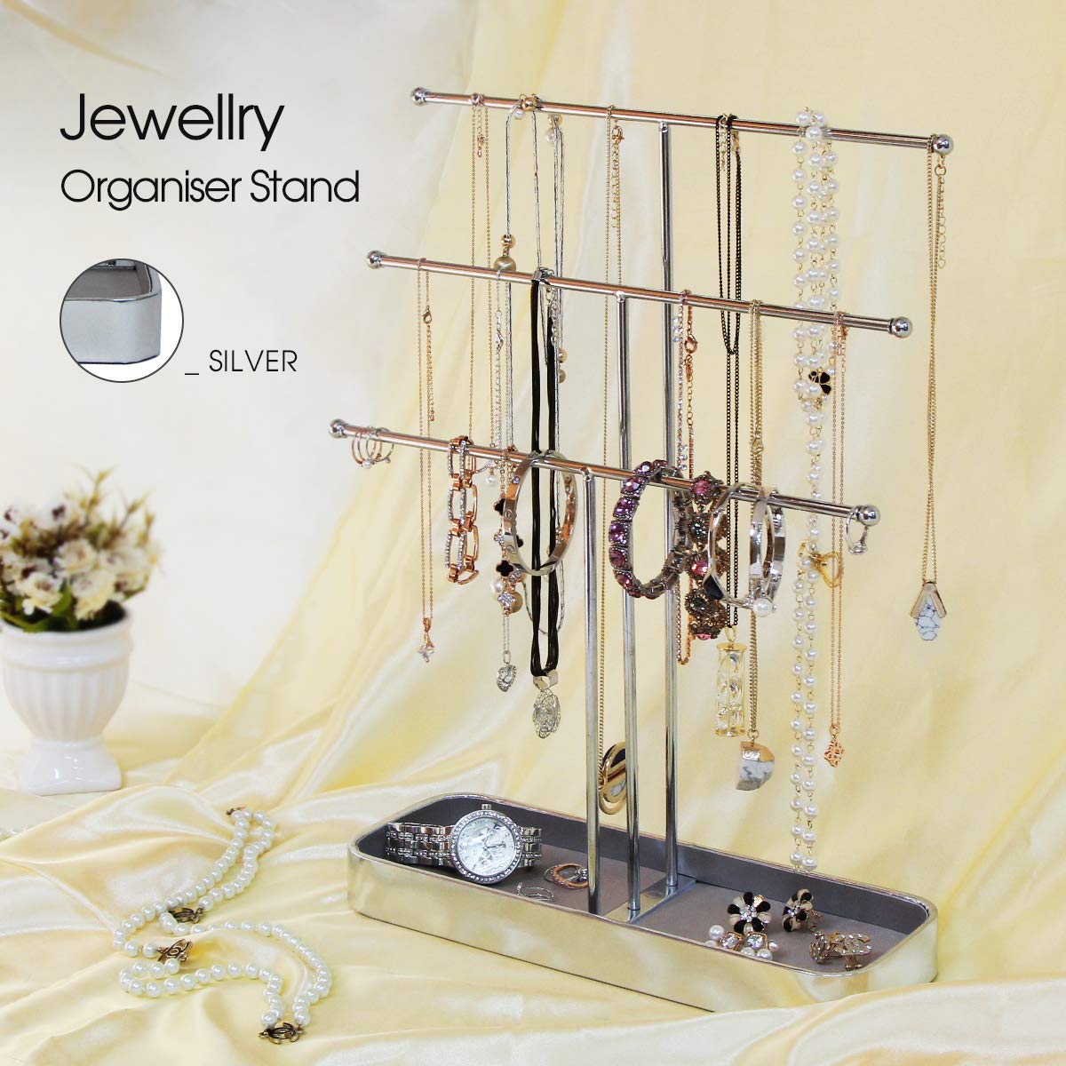 JACKCUBE DESIGN Supporto Organizer Per Gioielli In Metallo Nero Con Vassoio In Legno - Porta Collane, Bracciali, Orecchini E Anelli