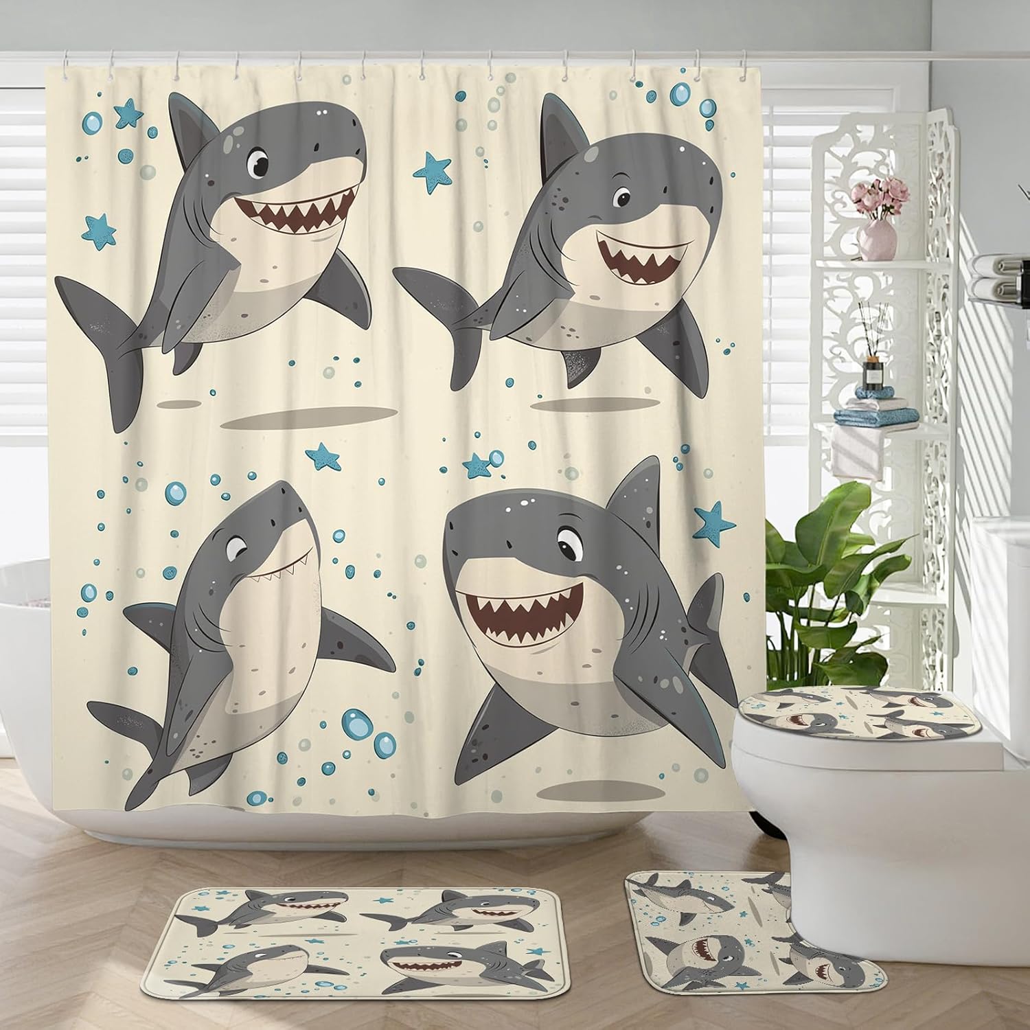 4PCS Kids Cute Shark Bathroom Sets, Bath Accessory with Non-Slip Rug, U Shape and Toilet Lid Cover Mat, Simple Fun Cartoon Ocean Bathroom Decor-72''x72''