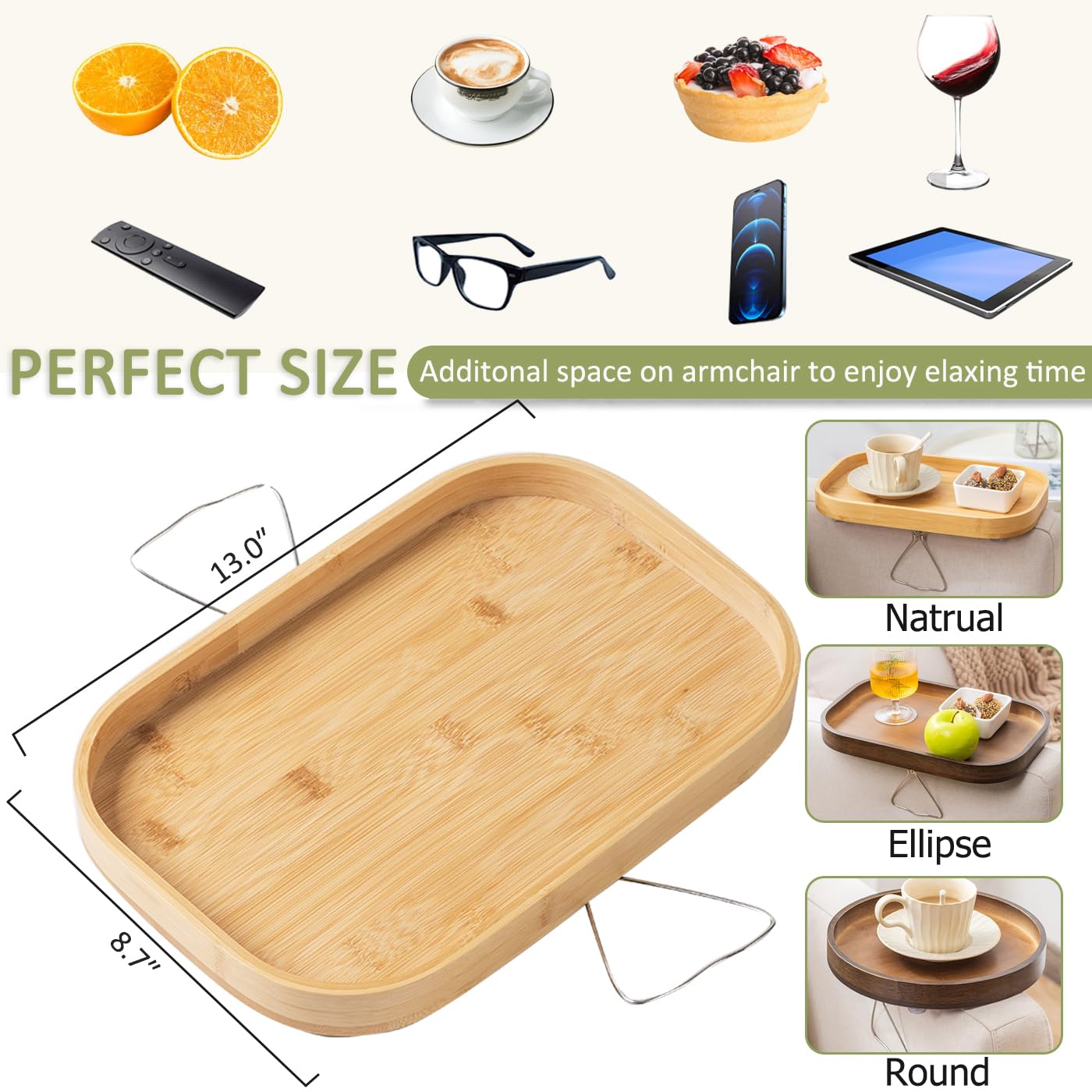 Bandeja de bambú para reposabrazos de sofá con doble bisagra, bandeja de brazo de sofá, mesa auxiliar de madera para espacios pequeños para comer y beber (natural)
