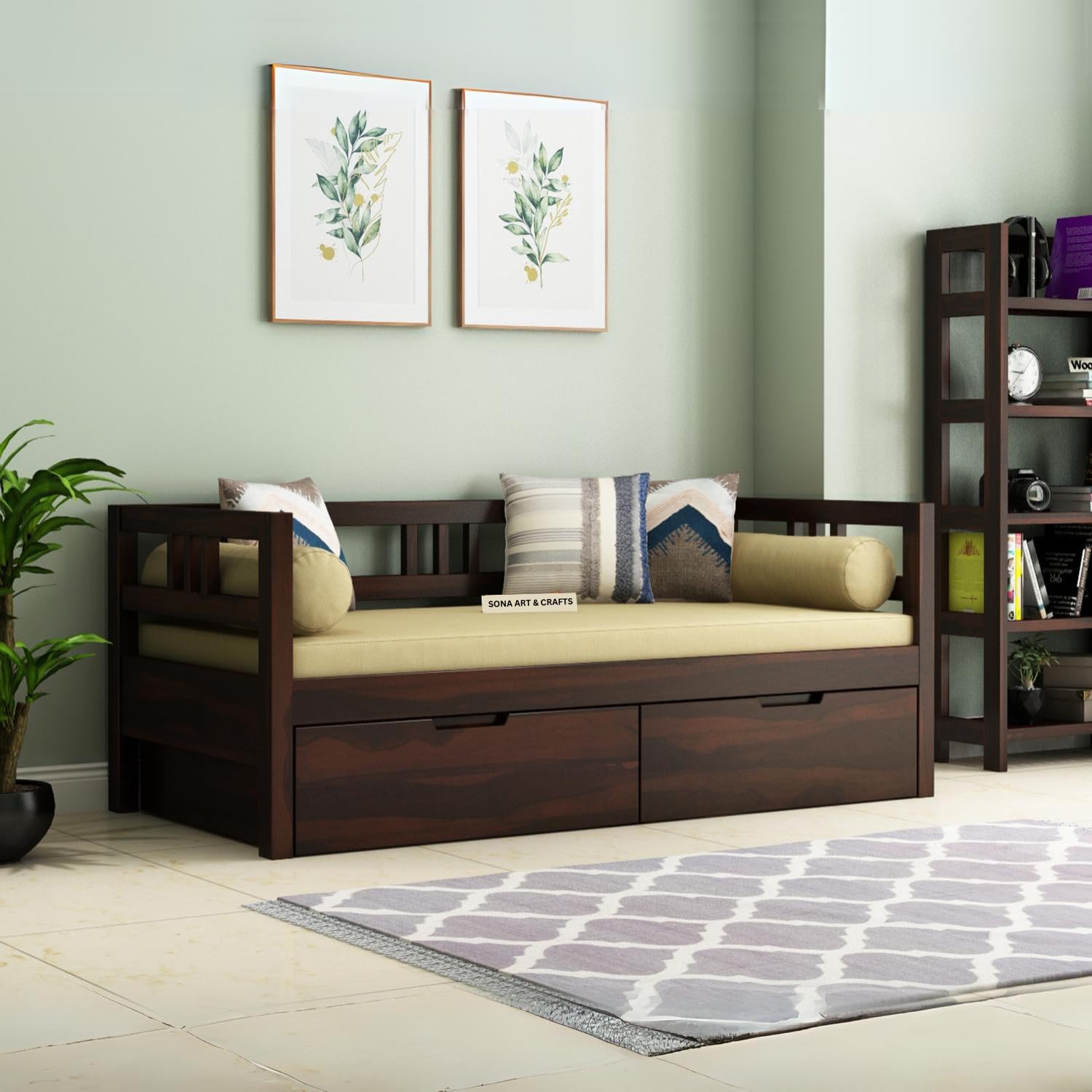 SONA ART & CRAFTS Sheesham Wood Sofa Cum Diwan | Wooden 3 Seater Sofa for Living Room | Three Seater Cushion Sofa Cum Divan | Natural Finish SONA ART & CRAFTS Sheesham Wood Sofa Cum Diwan | Wooden 3 Seater Sofa for Living Room | Three Seater Cushion Sofa Cum Divan | Natural Finish