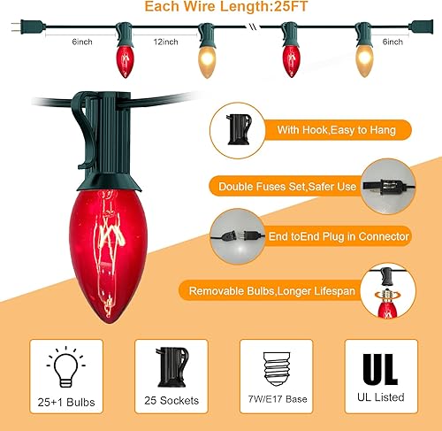 Miniatura 9 de Abeja Guirnalda de luces naranjas para exteriores, luces de decoración de Navidad C9 de 25 pies con 26 bombillas naranjas transparentes (1 de