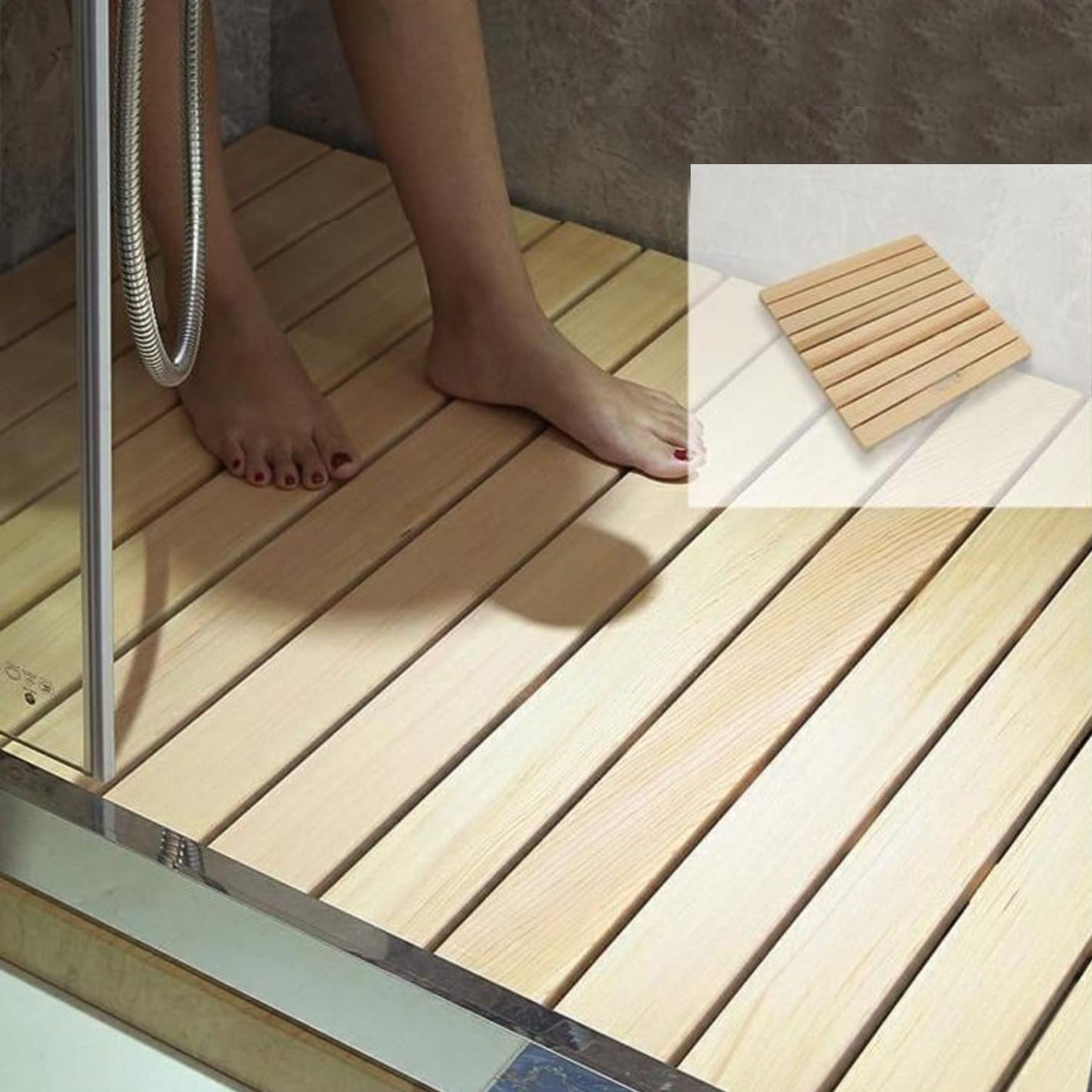 Tappetino da Bagno in Legno con tavoletta, Tappetino da Doccia per Interni ed Esterni con Piedini in Gomma per Protezione Antiscivolo, Resistente all'Acqua e Facile da Pulire, Tappetino da b