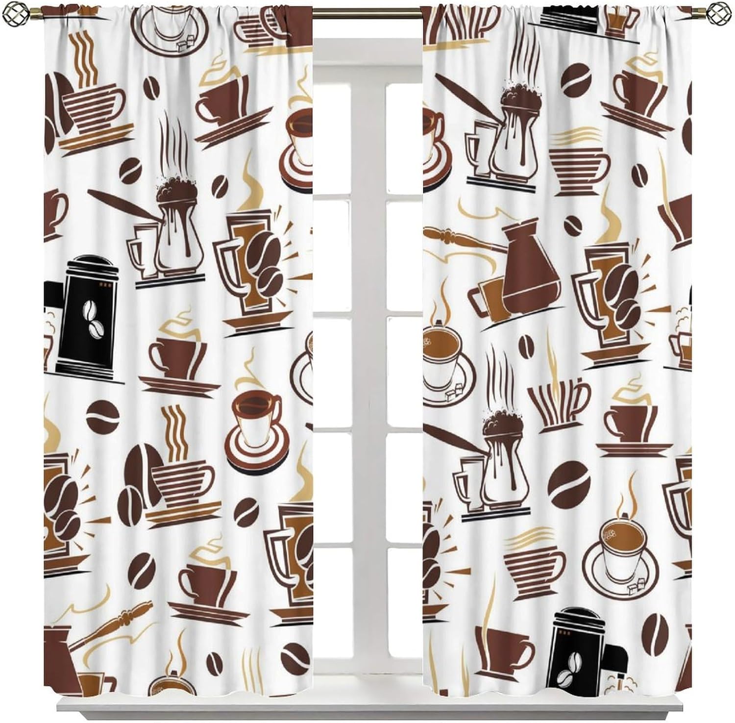 Modern Coffee Curtains, Minimal Brown Abstract Geometric Line Pot Cup Beans Seamless Pattern Home Decor Window Treatments, Blackout Rod Pocket Drapes For Living Room Bedroom Kitchen Cafe 42x63in