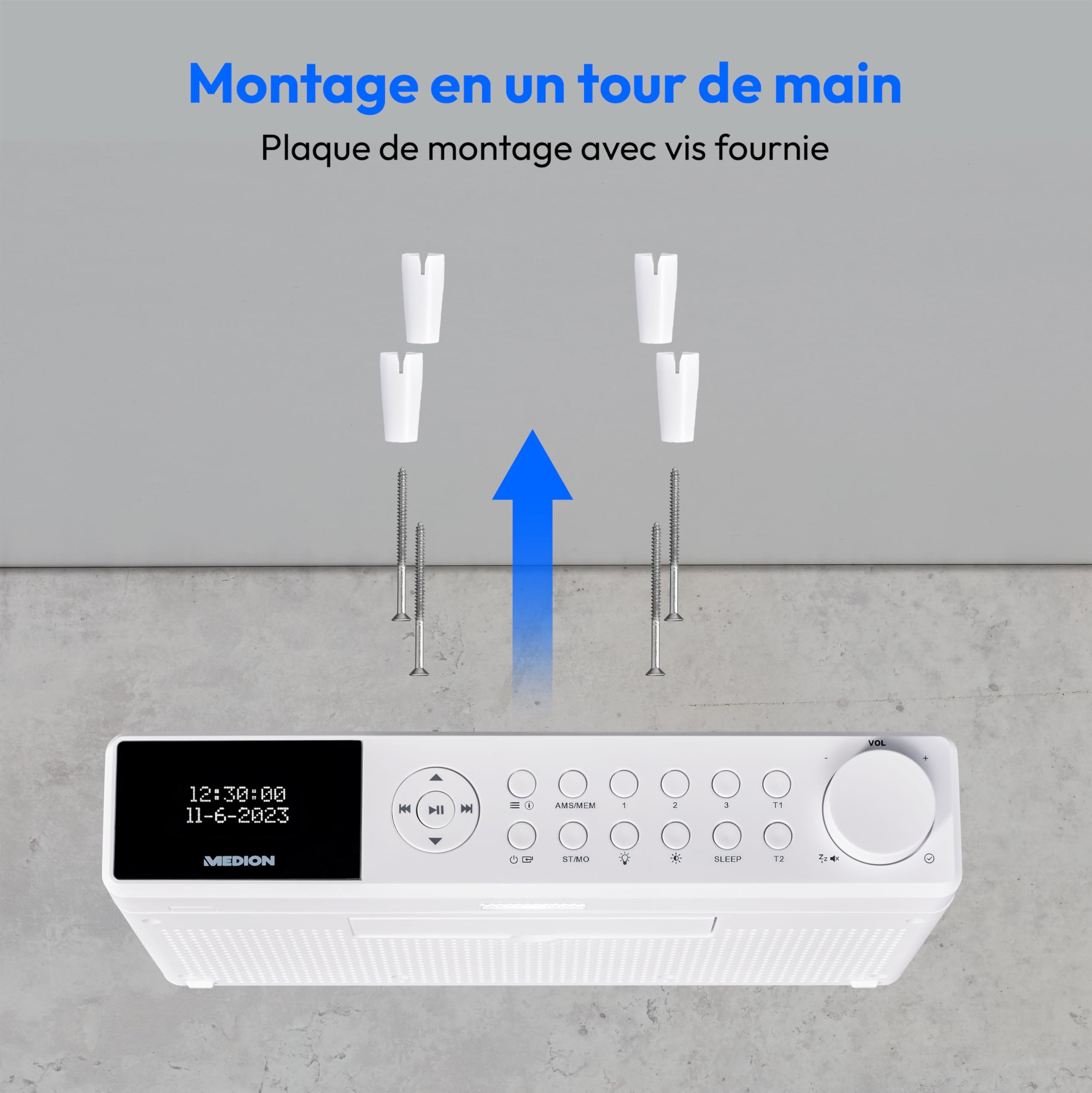 MEDION E6660 Radio de Cuisine (Dab+ Radio de Cuisine, PLL Radio FM, Bluetooth, LED Barre de lumière, sous Le comptoir, Cuisson minuterie, Affichage de l'heure) Blanc ;