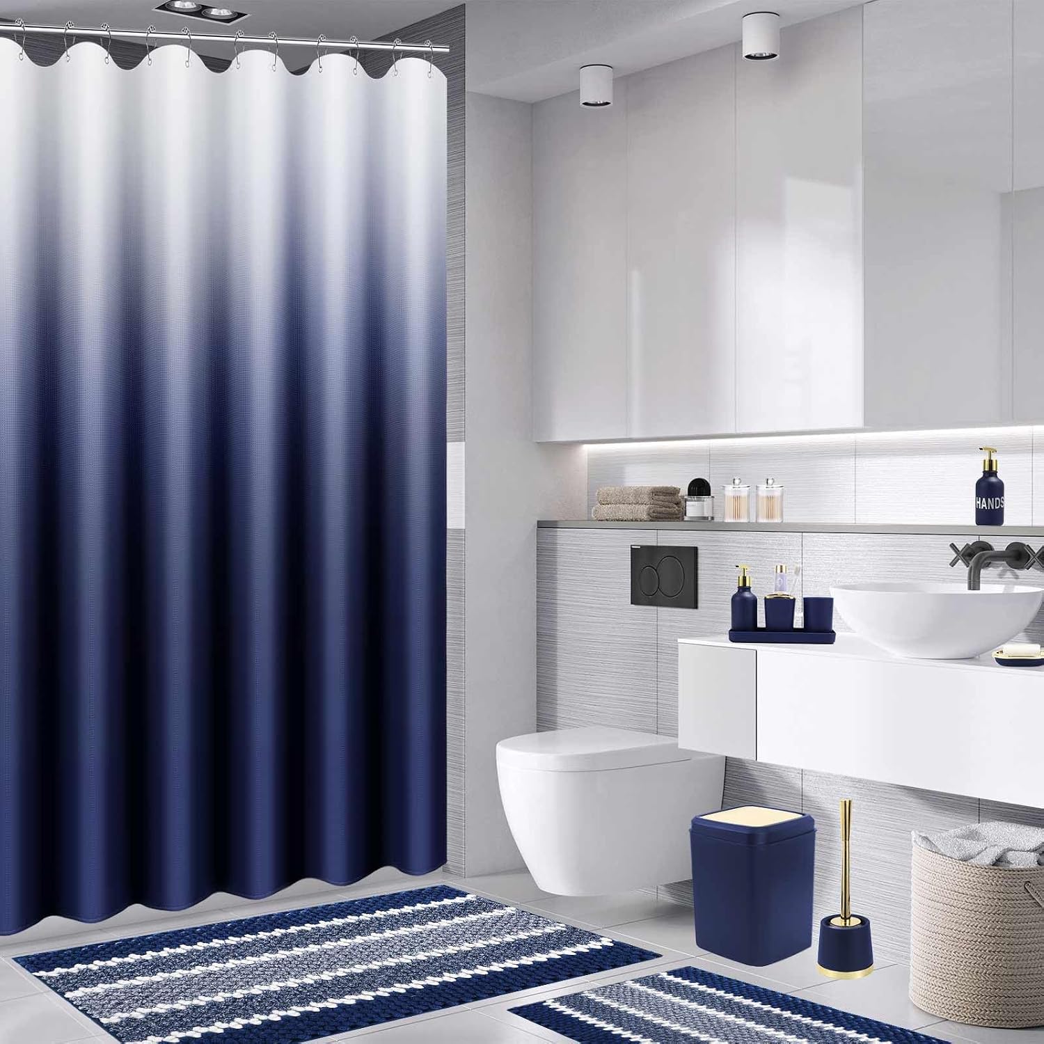 XLHOMO 25PCS Navy Blue Bathroom Accessories Sets Complete, with Shower Curtain, Rugs, Trash Can and Toilet Brush, Soap Dispenser, Toothbrush Holder and Cup, Soap Dish, Qtip Holder, Bathroom Decor Sets