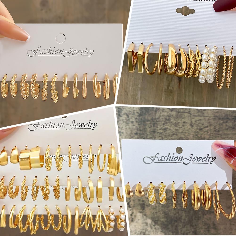 51 Pairs Gold Hoop Earrings Set for Women, Multipack Hypoallergenic Chunky Chain Twisted Hoop Earrings Pack,Small Big Hoops Earring Jewelry Gift - Image 5