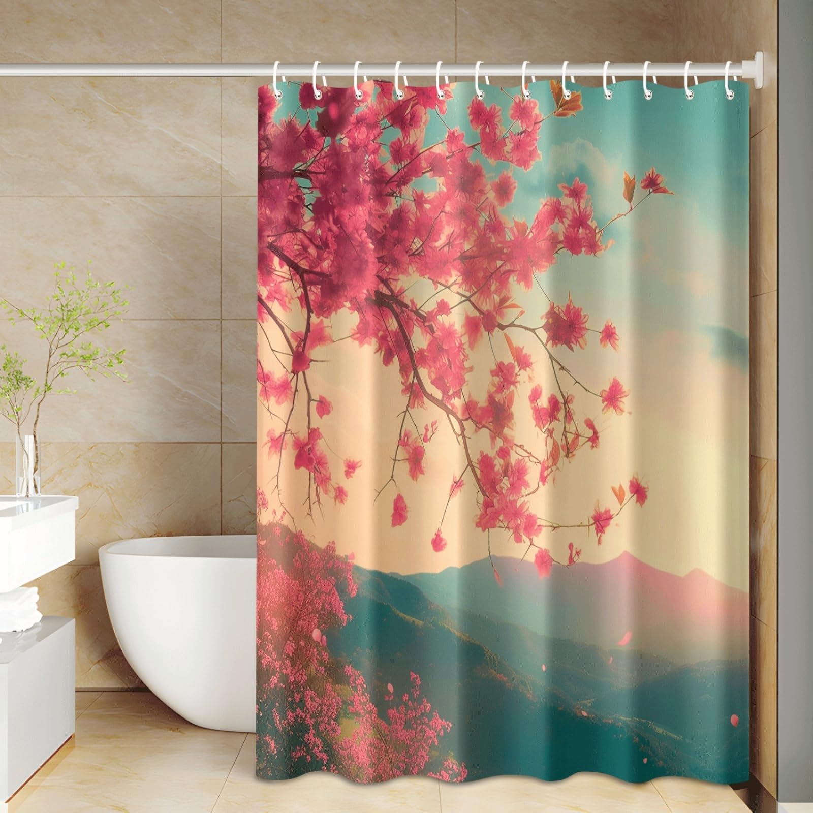 Shower Curtain Orange Green Pink Mould Resistant Shower Curtains for Bathroom Washable Polyester Bathroom Curtains Decor Wet Room Quick Dry Anti Mould Bath Curtain with 12 Hooks 200x240cm