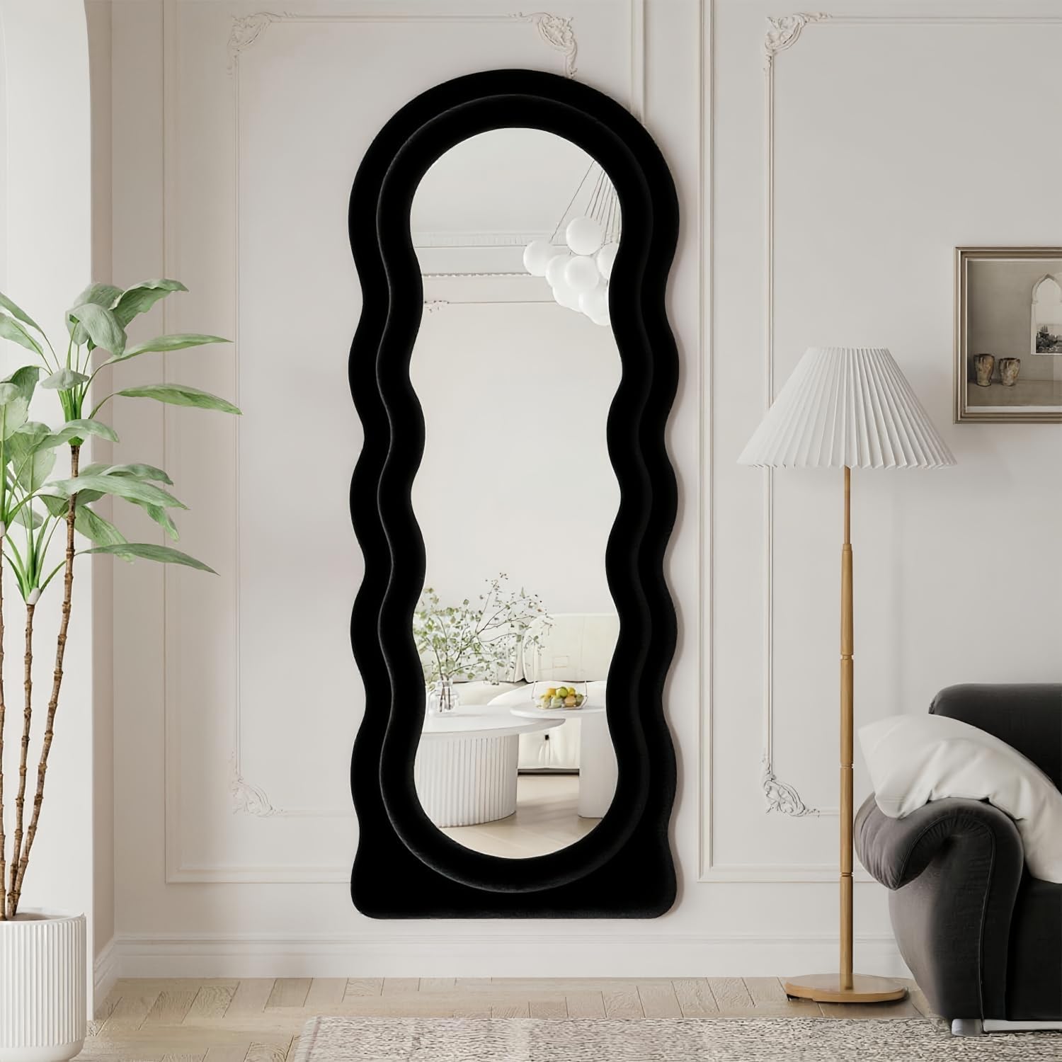 Wavy Full Length Mirror with Stand, 63" x 24" Irregular Floor Mirror, Large Floor Length Mirror, Freestanding/Leaning/Wall Mounted, Flannel Wrapped Wooden Frame for Bedroom/Living Room, Black