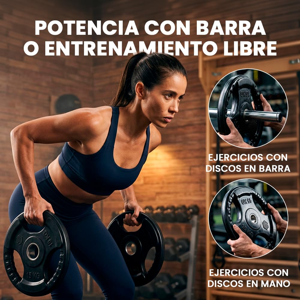 ManiBoom Discos Pesas Hierro ENGOMADO 30mm y 50mm Olimpica con Anillo Interior de Acero y Triple Agarre ERGONOMICO - Disco para Barra o Mancuernas 2,5kg, 5kg, 10kg, 15kg, 20kg