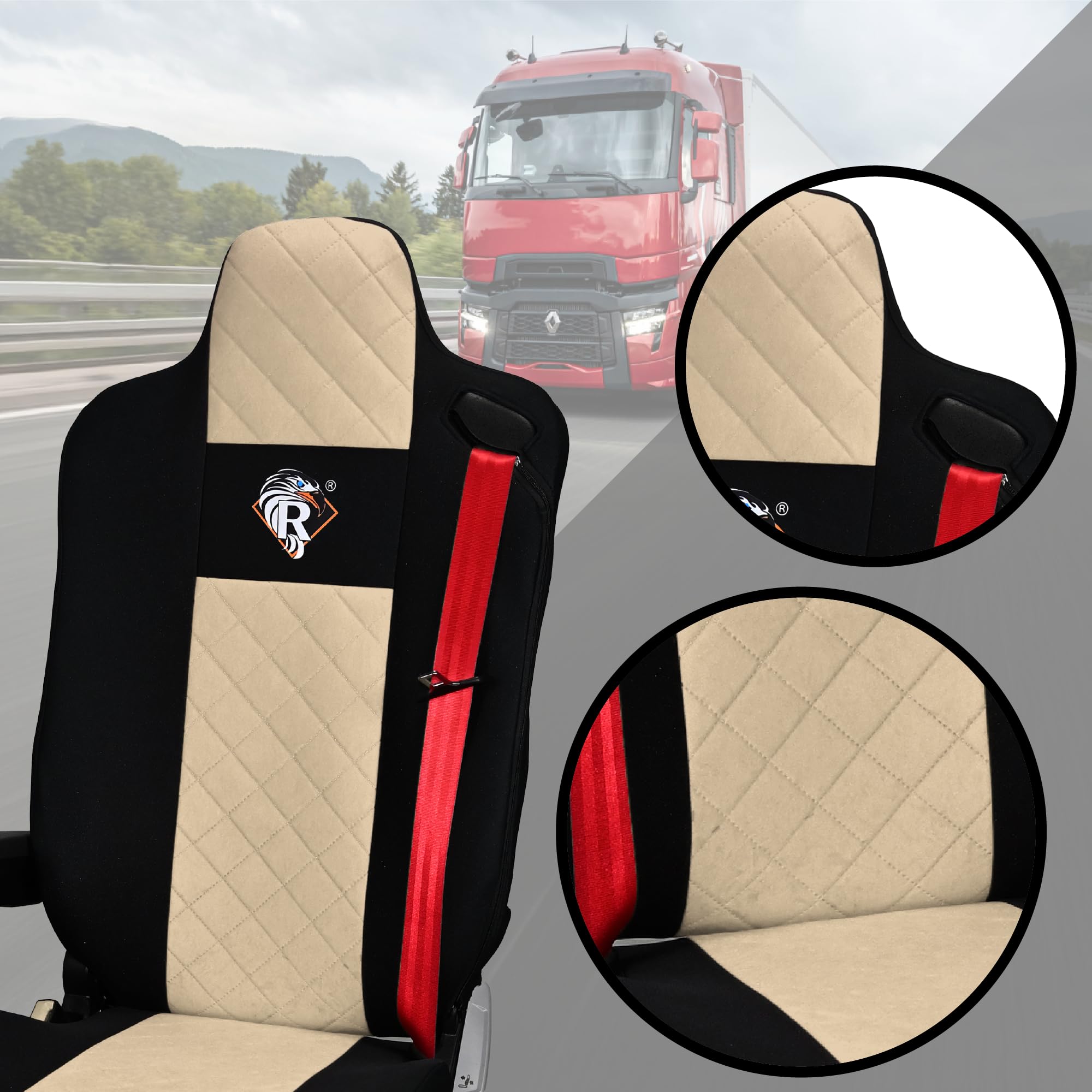SABA Funda de Asiento para Renault Serie T Desde 2014, Asiento del Pasajero, 2 Cinturones de Seguridad Beige Accesorios de protección para Asientos de Camiones