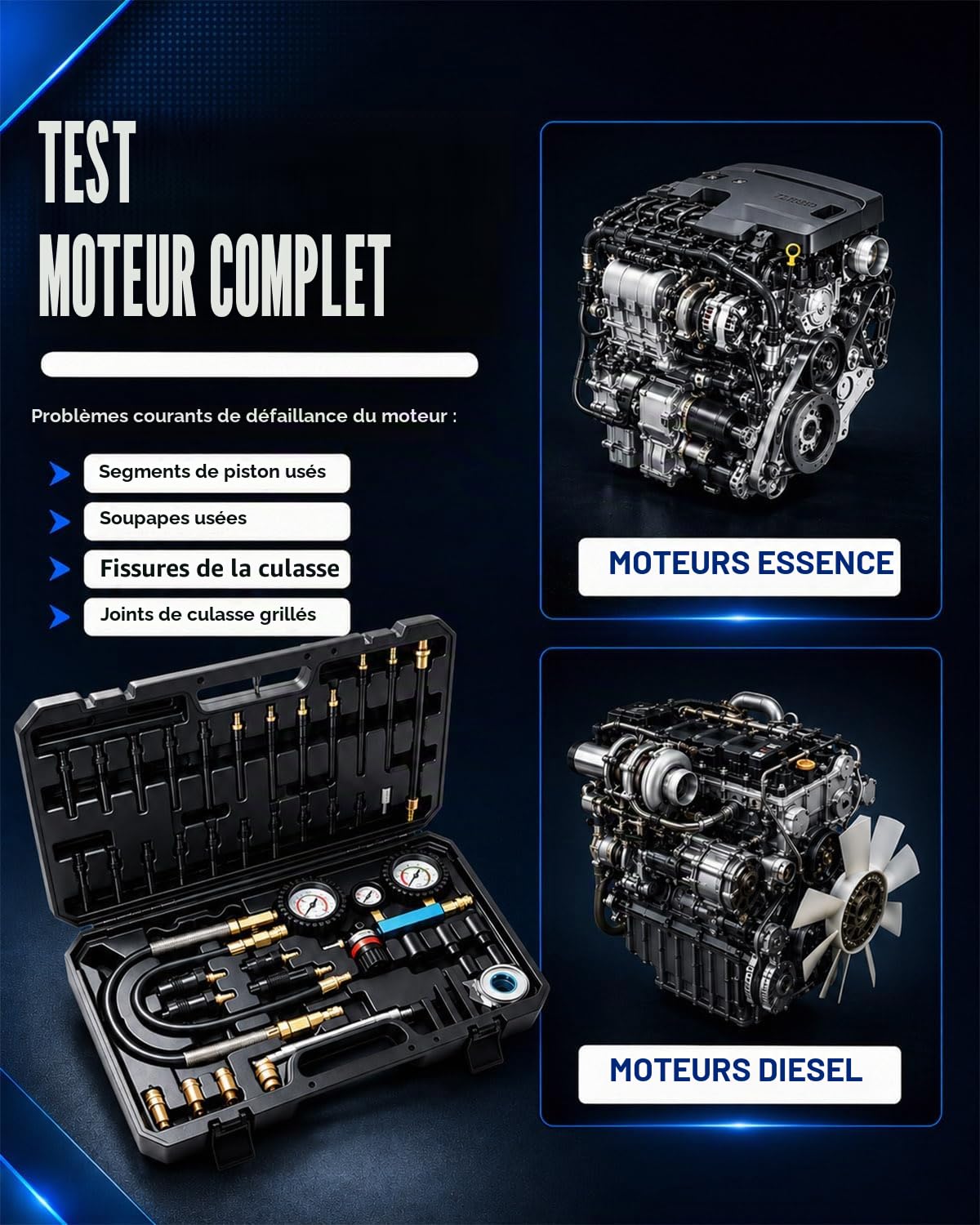 47PCS Kit Compressiomètre, Testeur de Compression Moteurs Diesel et Essence | Compressiomètre Diesel avec Compressiomètre 0-700 PSI / 0-50 Bar, Test Compression Moteur Compatible HDi, TDCi, Pumpe-Düse